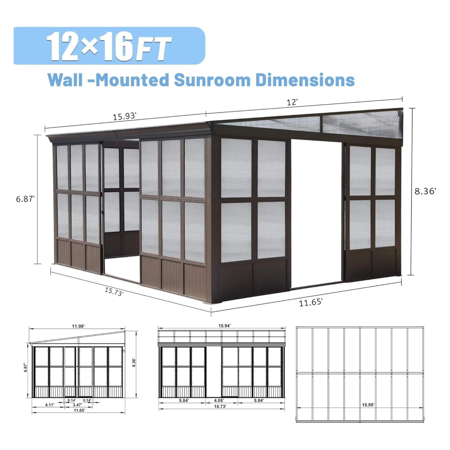 [12x16FT] Extra Large All-Season Outdoor Wall-Mounted Sunroom Solarium