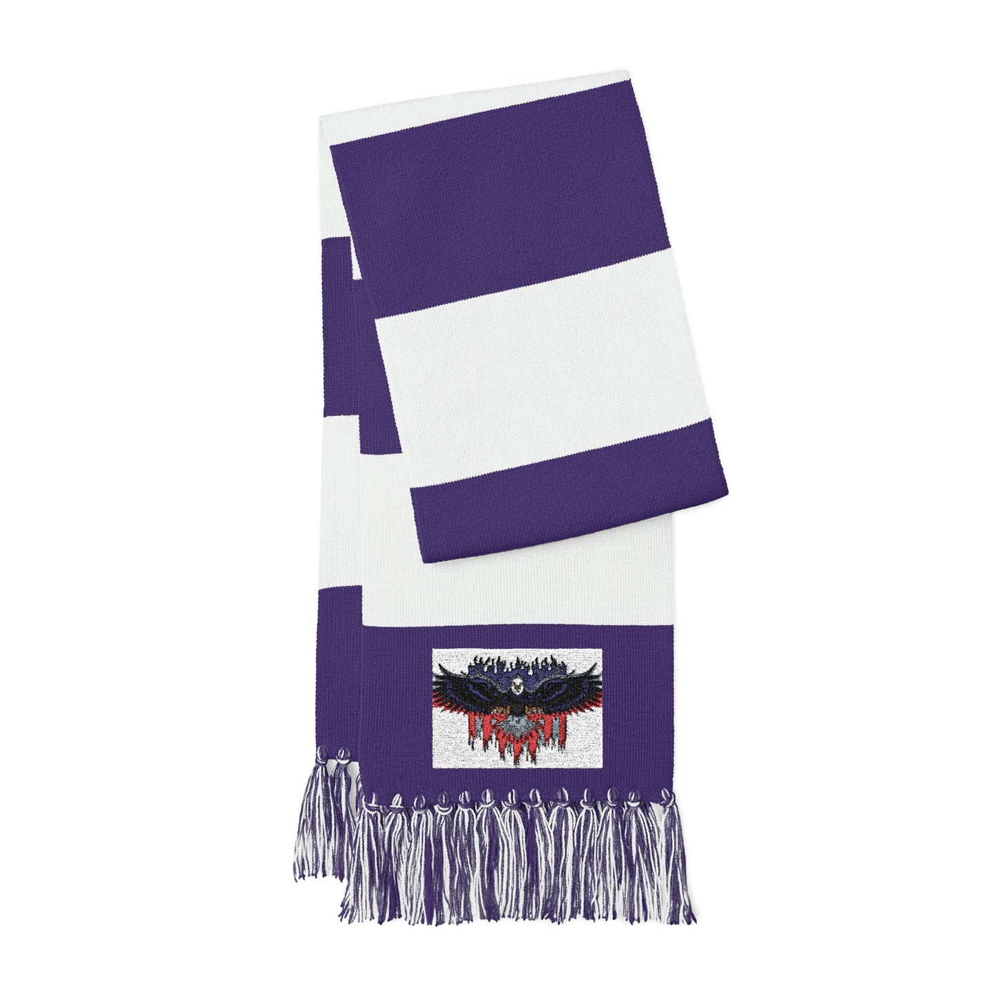 Purple and white striped spectator scarf with an embroidered eagle design and fringed ends. Ideal for sports events.