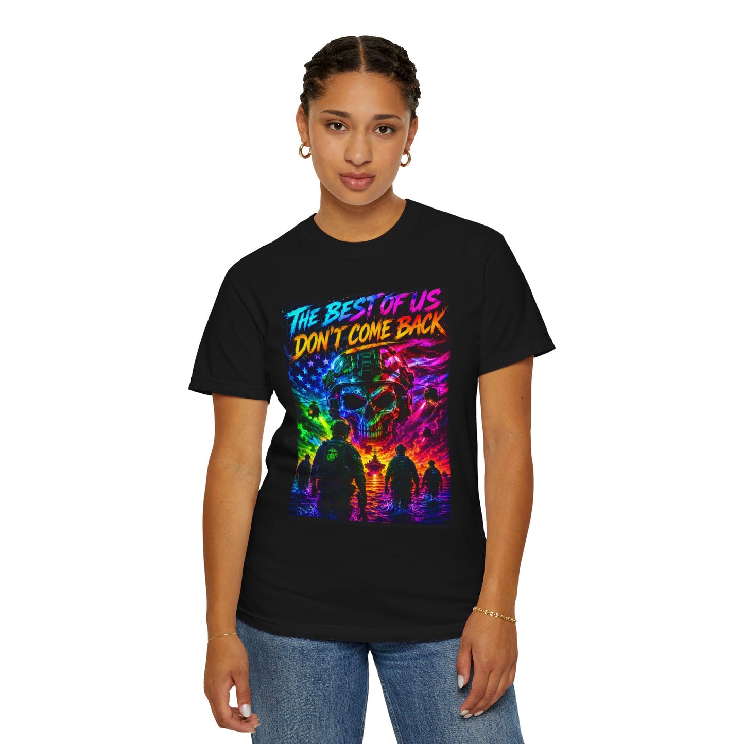Vintage Garment-Dyed T-Shirt #16 featuring a colorful graphic design with the text "The Best of Us Don't Come Back" on a blac