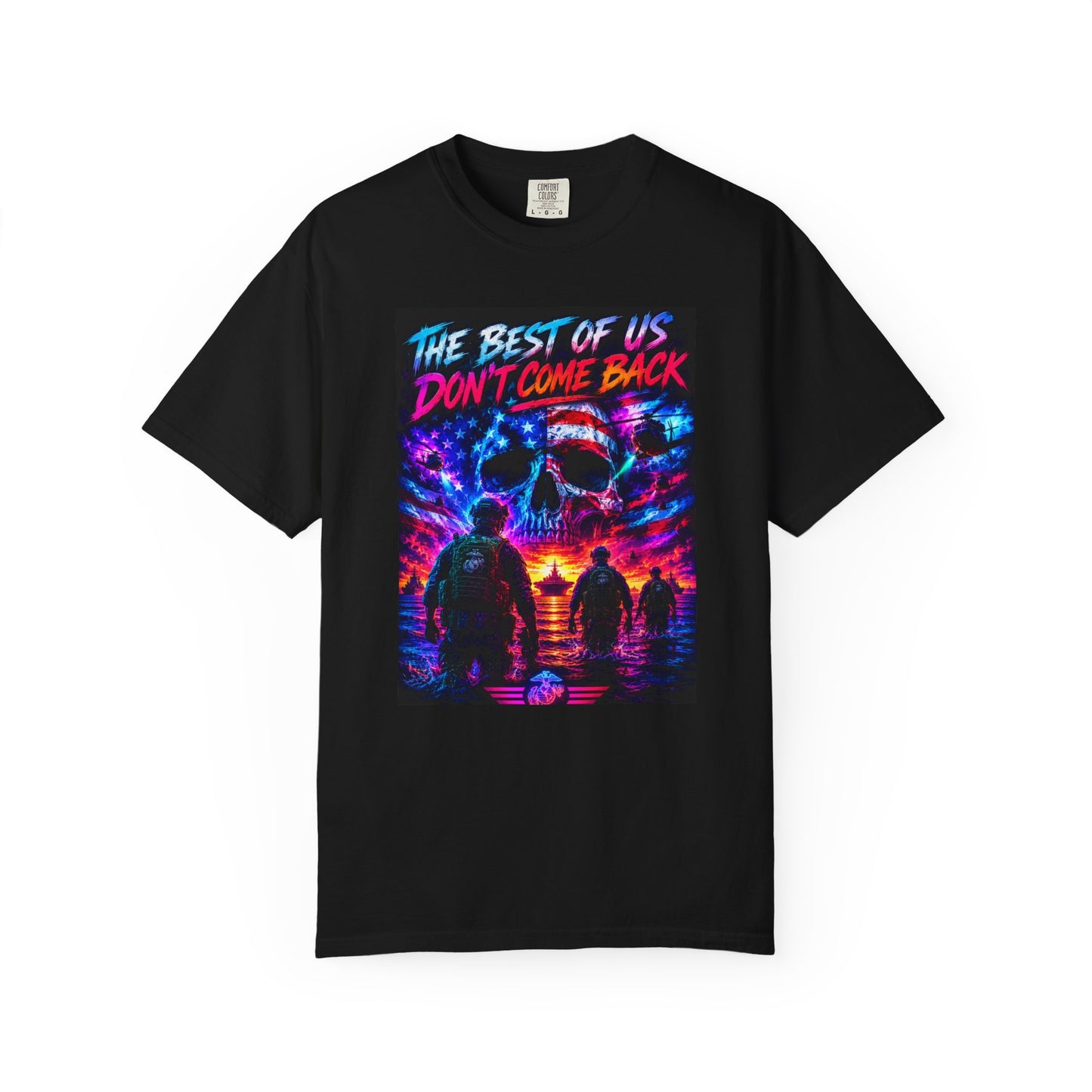 Black vintage garment-dyed t-shirt featuring a colorful graphic of three figures and the text "The Best of Us Don't Come Back