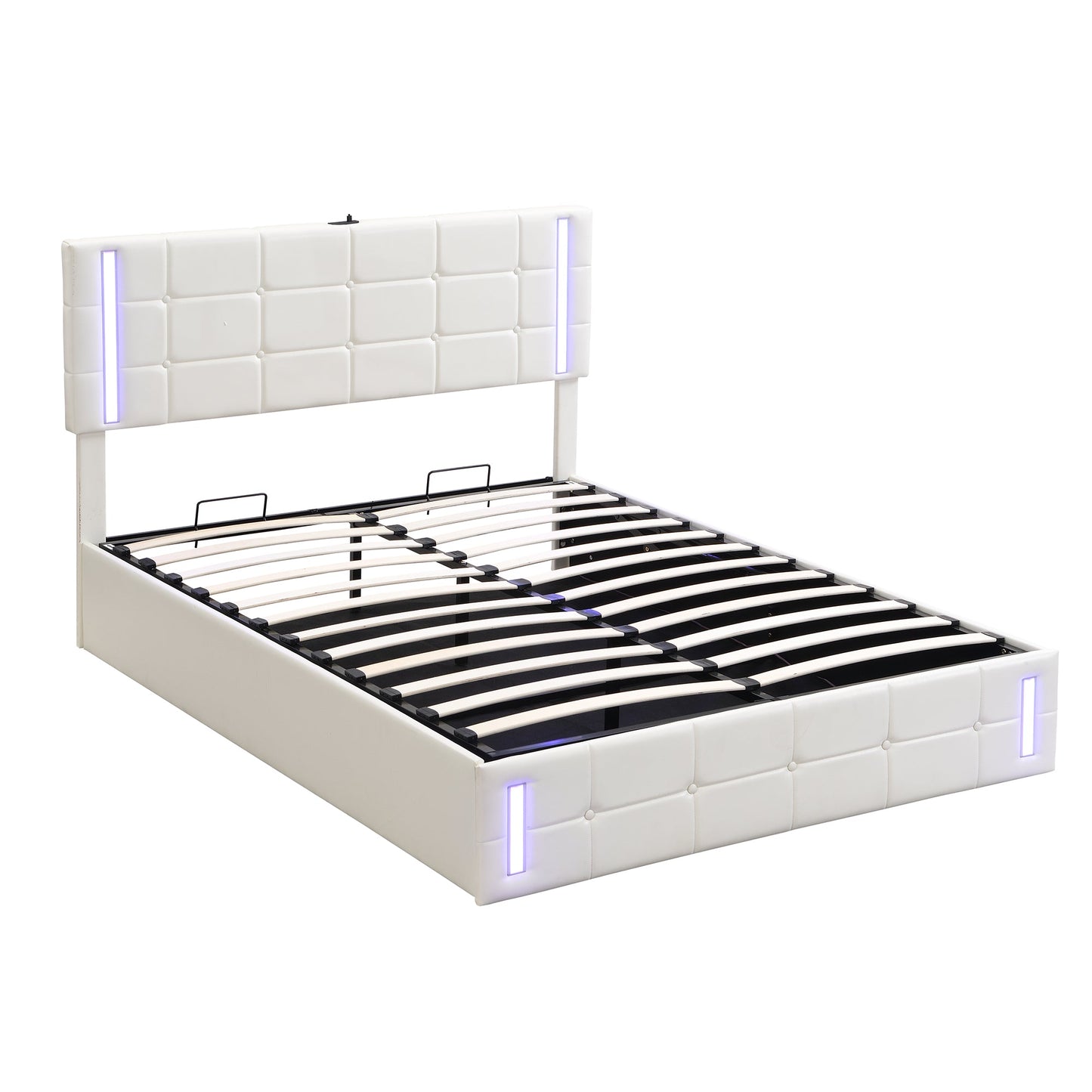 Queen Size Upholstered Bed with LED Lights, Hydraulic Storage System