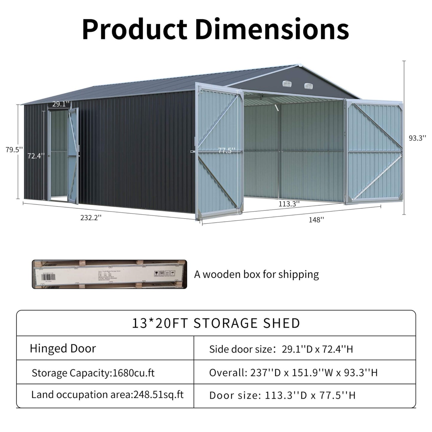 Large Heavy Duty Outdoor Metal Storage Shed Double Doors