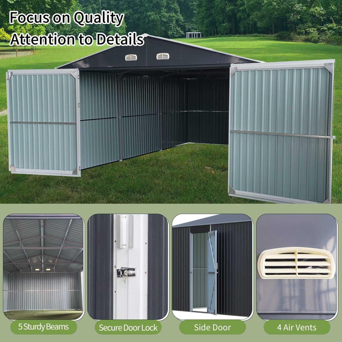 Large Heavy Duty Outdoor Metal Storage Shed Double Doors