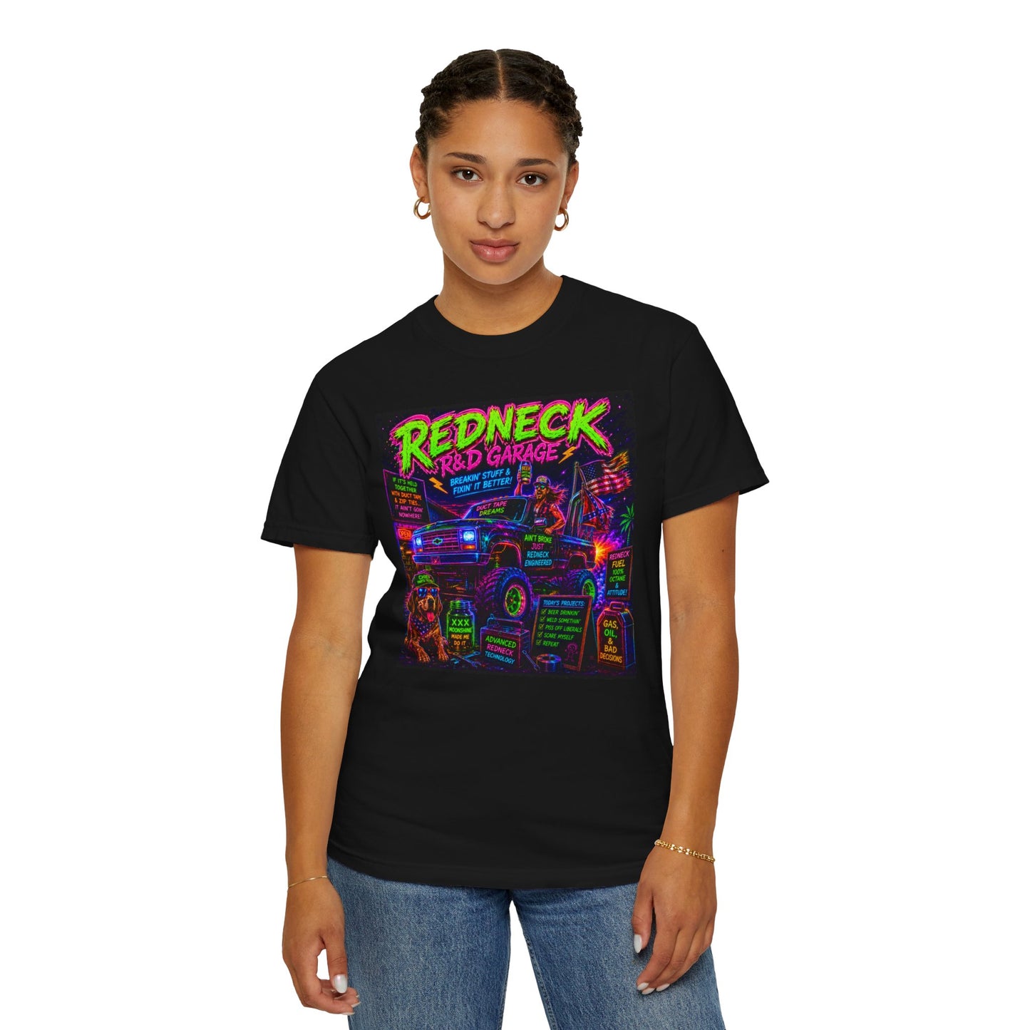 Vintage Garment-Dyed T-Shirt #13 in black featuring colorful "Redneck Garage" graphic design on the front.