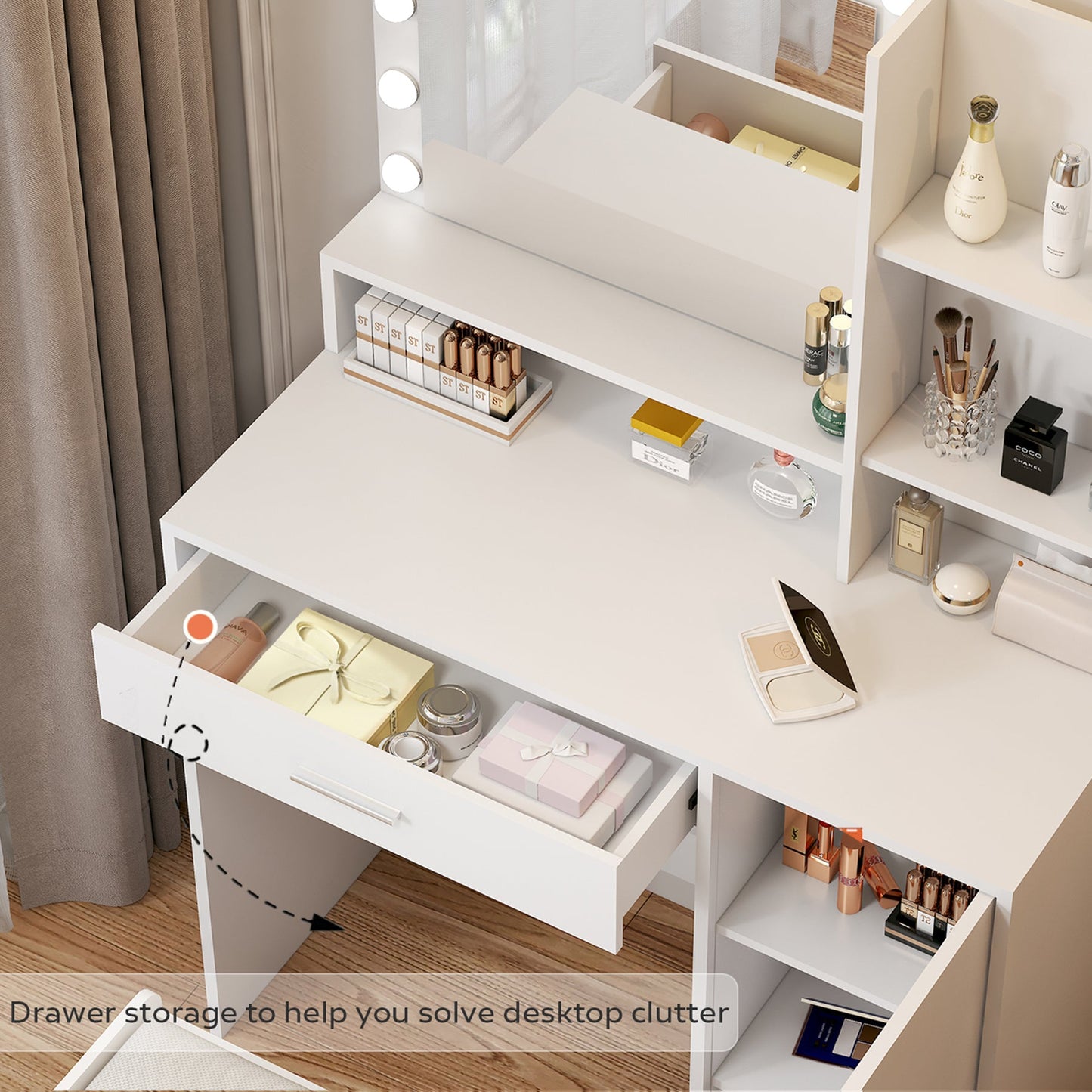 Large drawer with mirror and light, three-layer storage vanity, adjustable brightness
