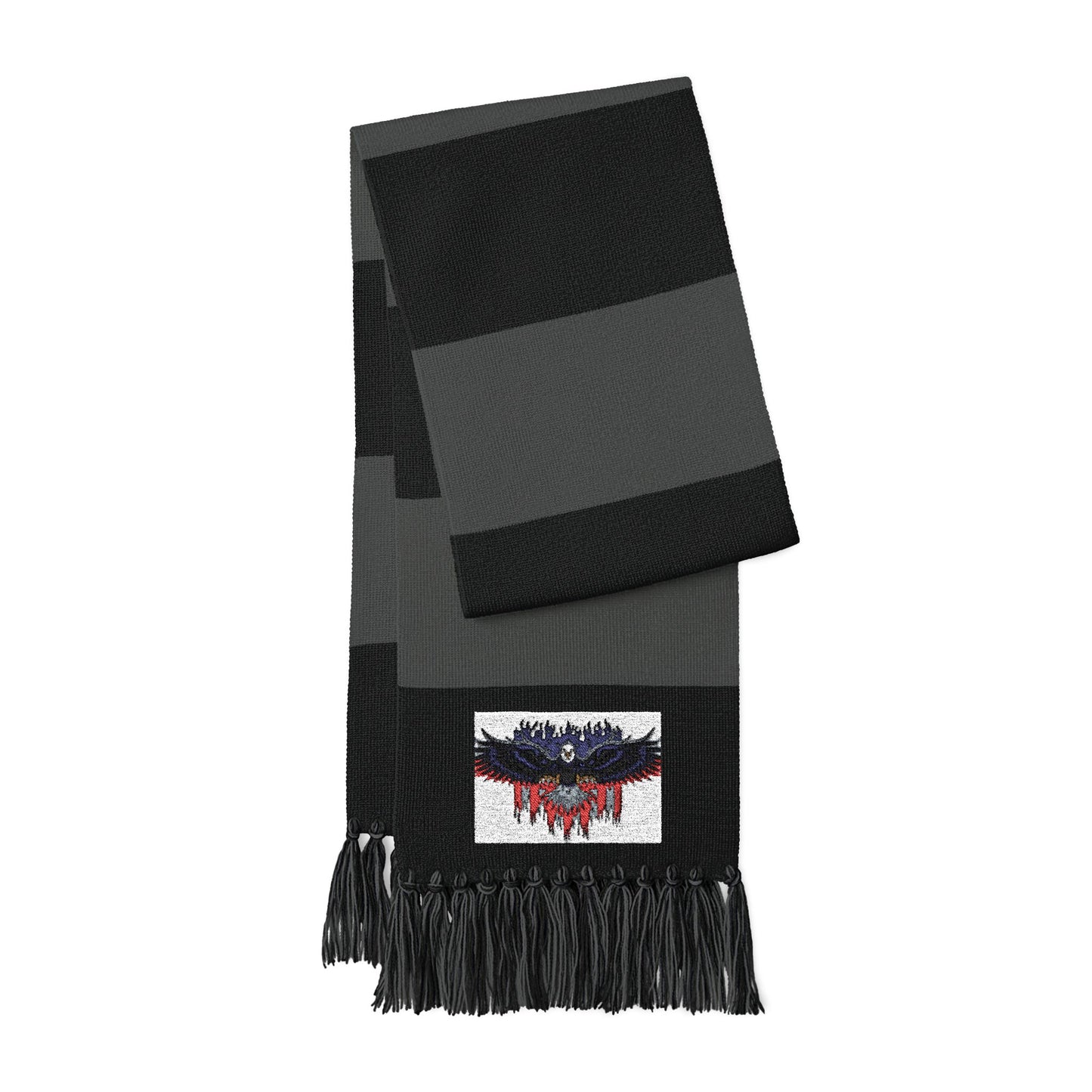 Spectator Scarf featuring a black and gray design with an embroidered eagle logo and fringe detailing.