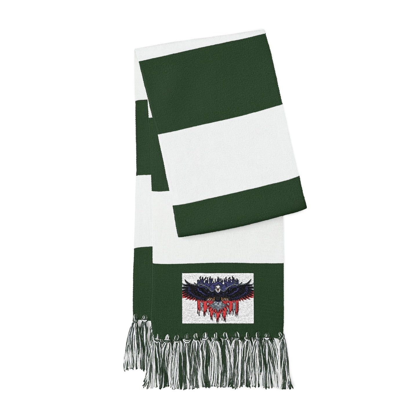 Green and white striped Spectator Scarf with an embroidered eagle design and fringed edges.