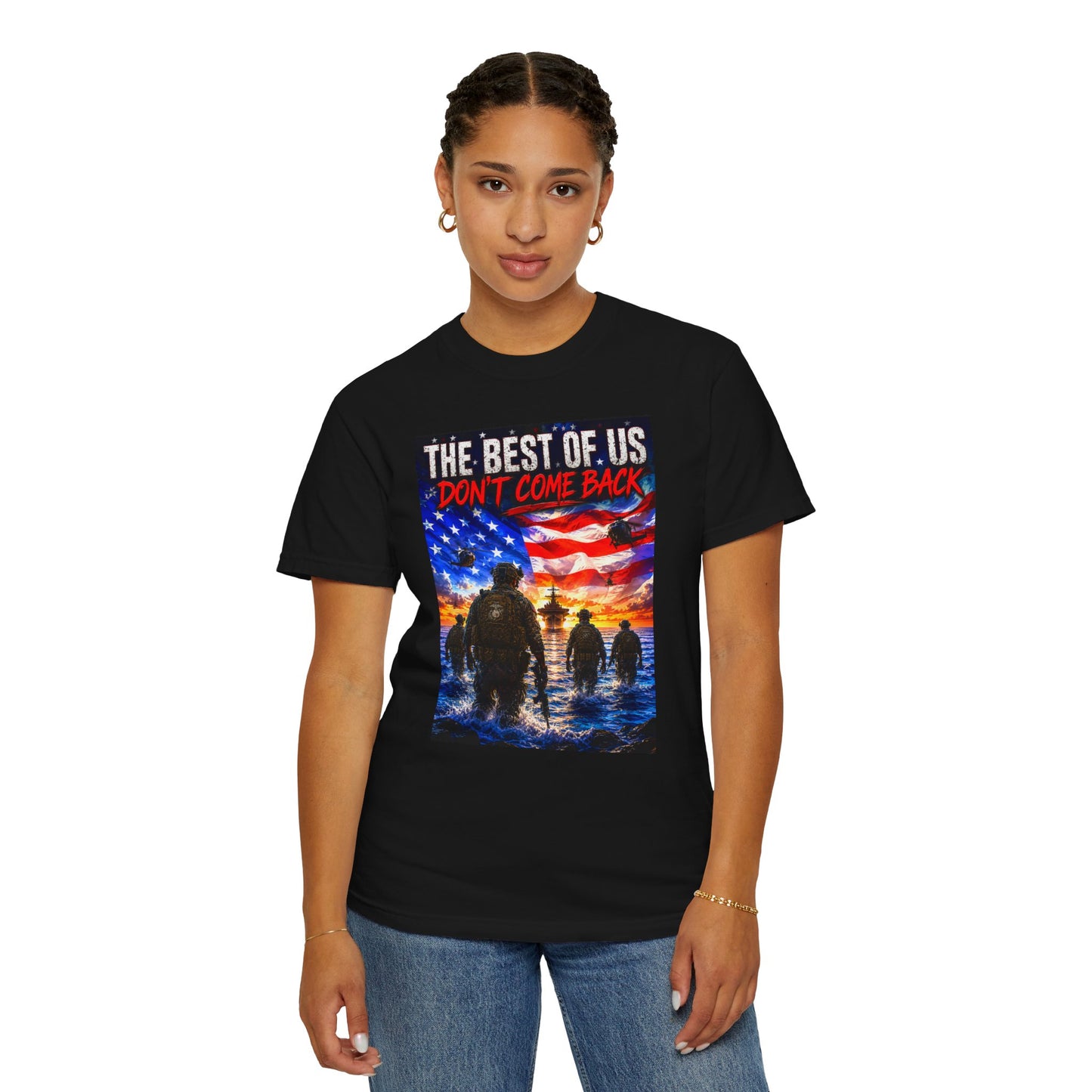 Vintage Garment-Dyed T-Shirt #17 featuring a graphic of soldiers against an American flag backdrop, worn by a model.