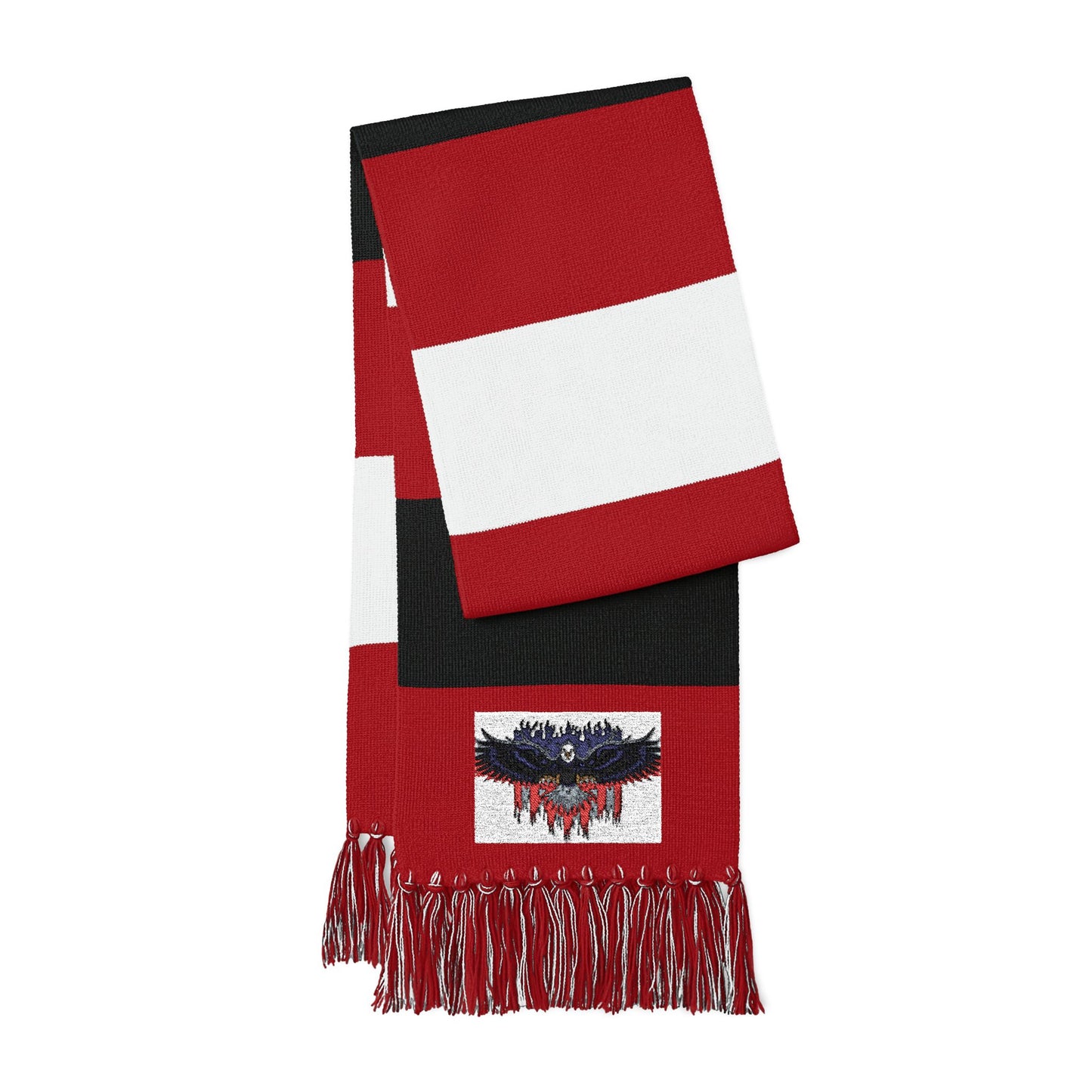 Red and white striped spectator scarf with black accents and an embroidered eagle design at one end. Fringed edges.