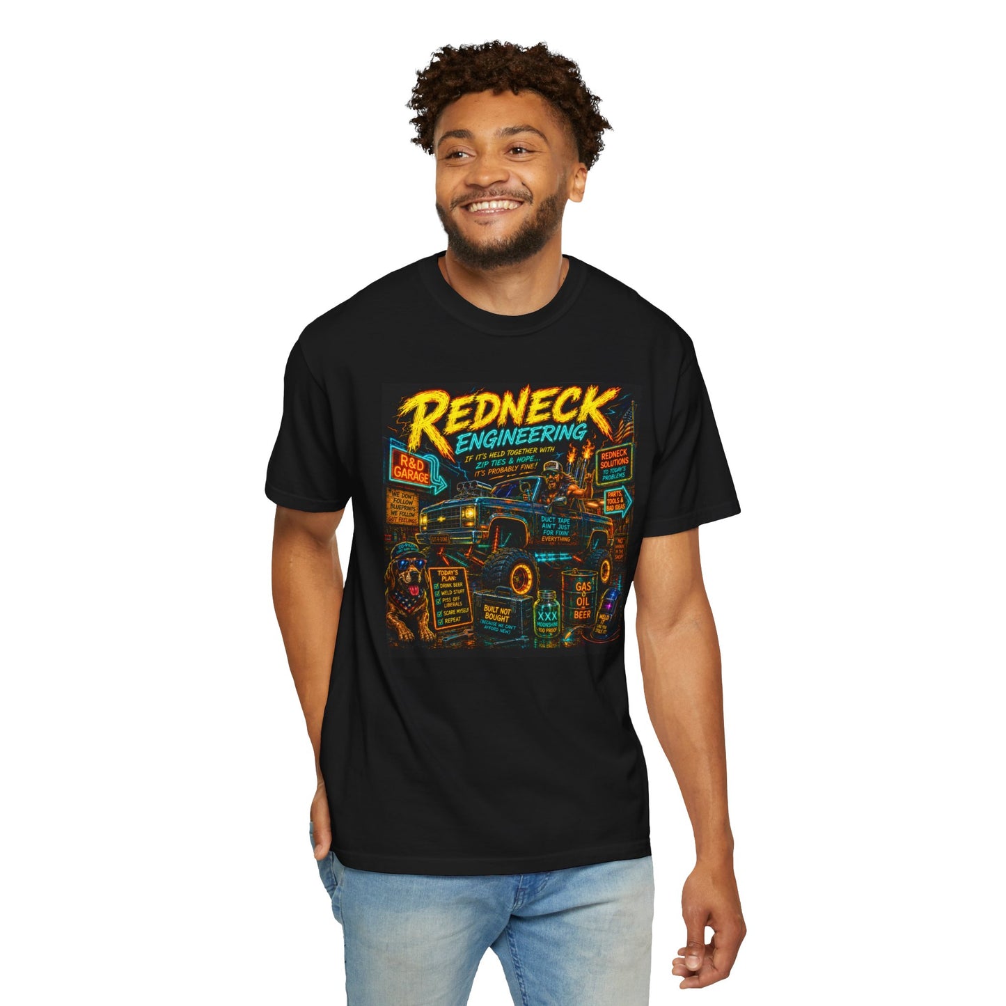 Vintage Garment-Dyed T-Shirt #14 featuring a colorful "Redneck Engineering" graphic on a black background.