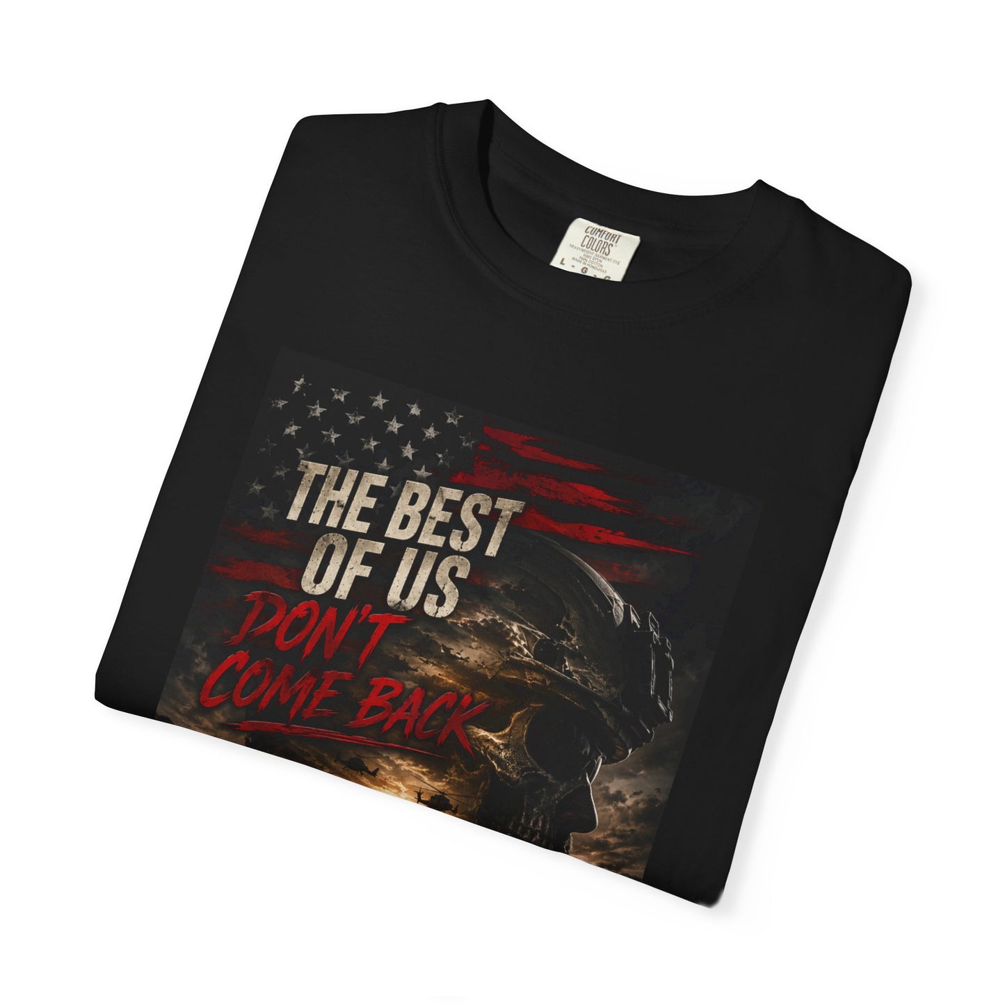 Black vintage garment-dyed tee featuring a graphic design with an American flag and skull, text reads "The Best of Us Don't C
