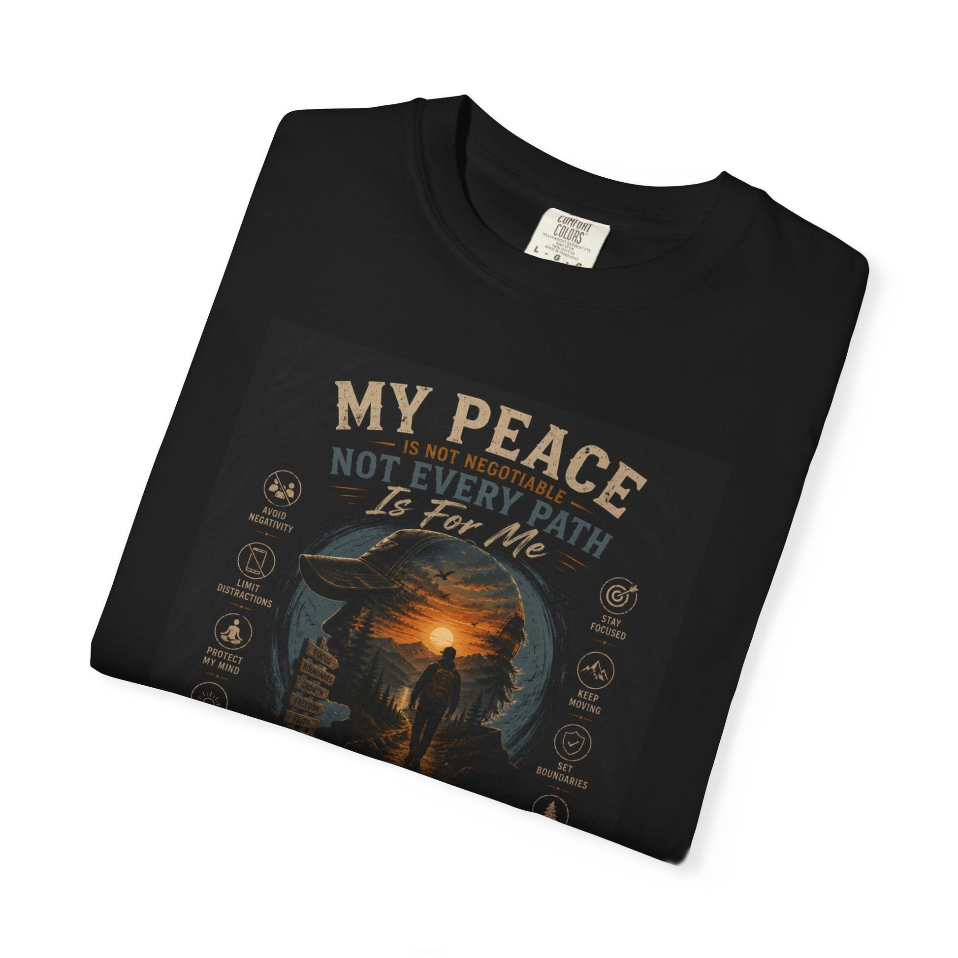 My Peace Tee — Unisex Garment-Dyed T-Shirt in black featuring a graphic design with a serene landscape and inspirational text