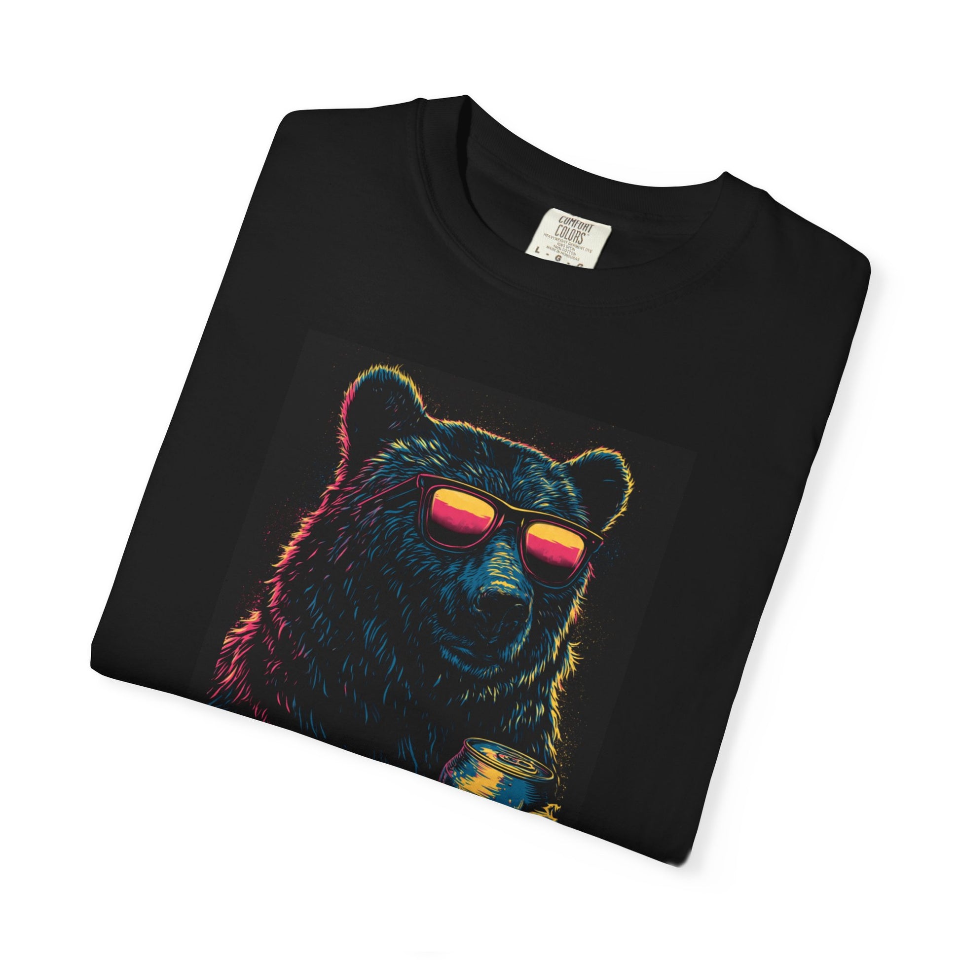 Unisex Beer Can T-shirt featuring a colorful bear graphic wearing sunglasses, set on a black background.