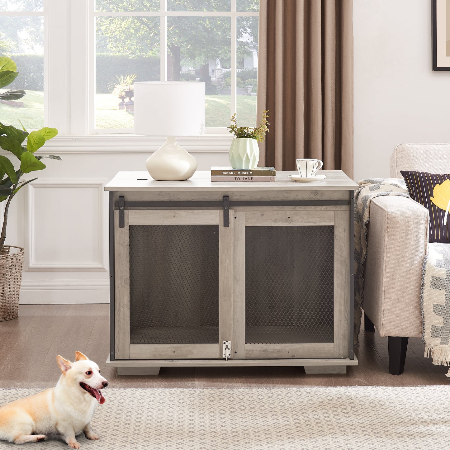 Farmhouse Dog Cage Crate Furniture with Sliding Barn Door