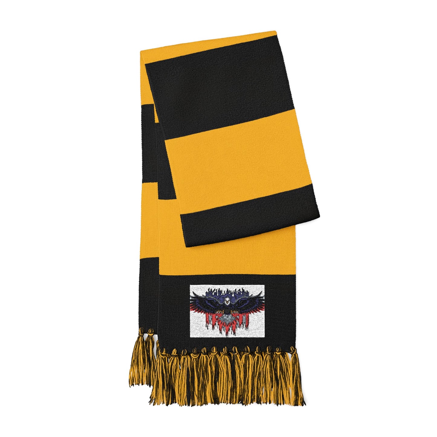 Spectator Scarf in black and gold with fringe, featuring an embroidered eagle design at one end. Perfect for events.