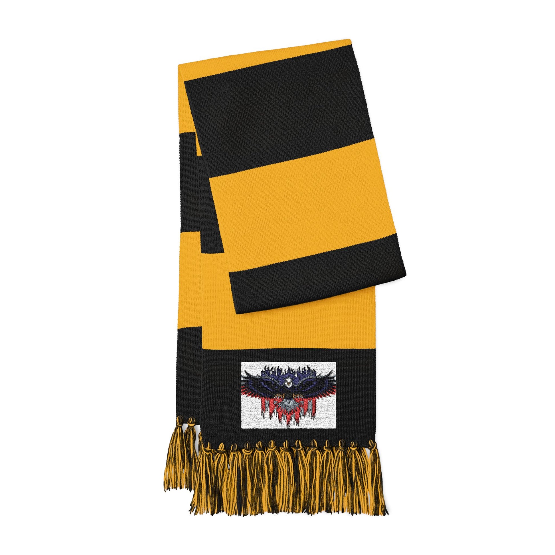 Spectator Scarf in black and gold with fringe, featuring an embroidered eagle design at one end. Perfect for events.
