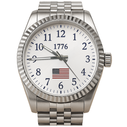 Silver 1776 Heritage Watch featuring a white dial, blue hour markers, and an American flag at 6 o'clock.