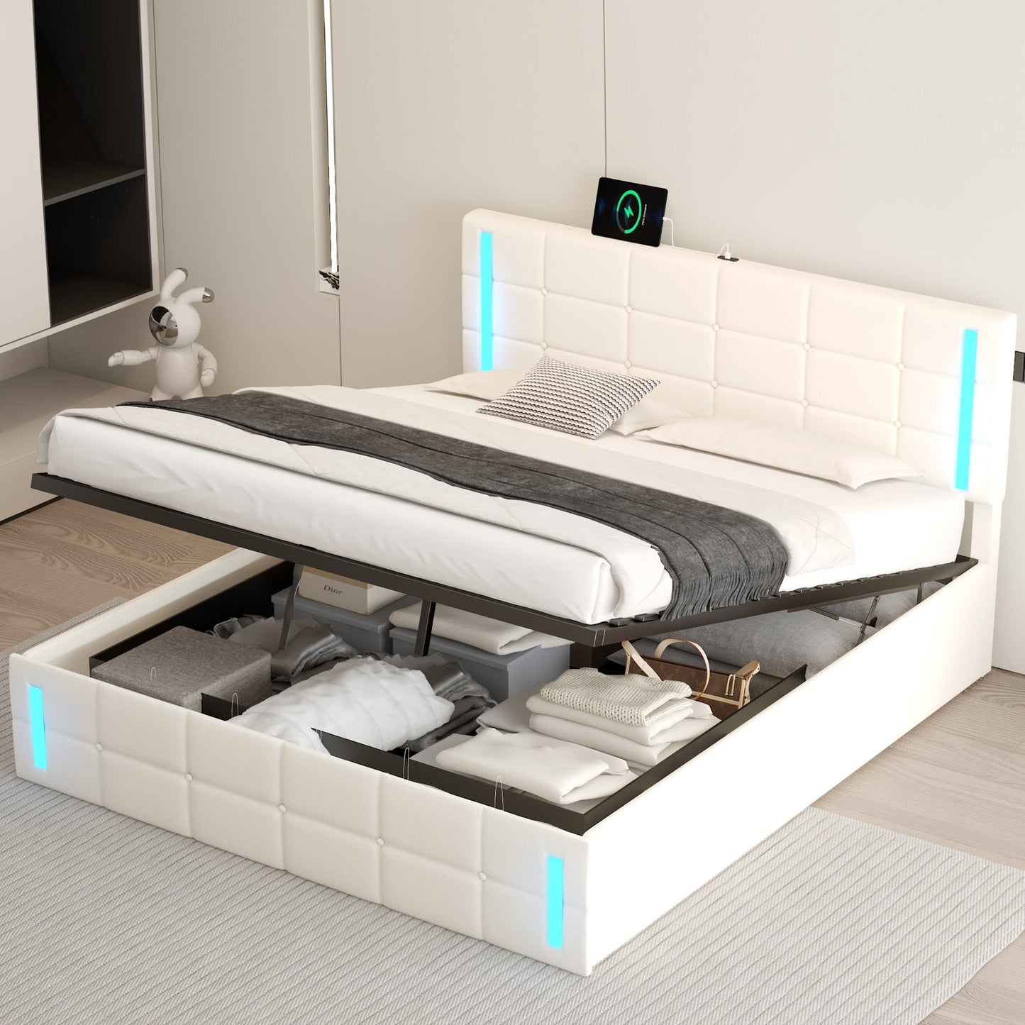 Queen Size Upholstered Bed with LED Lights, Hydraulic Storage System