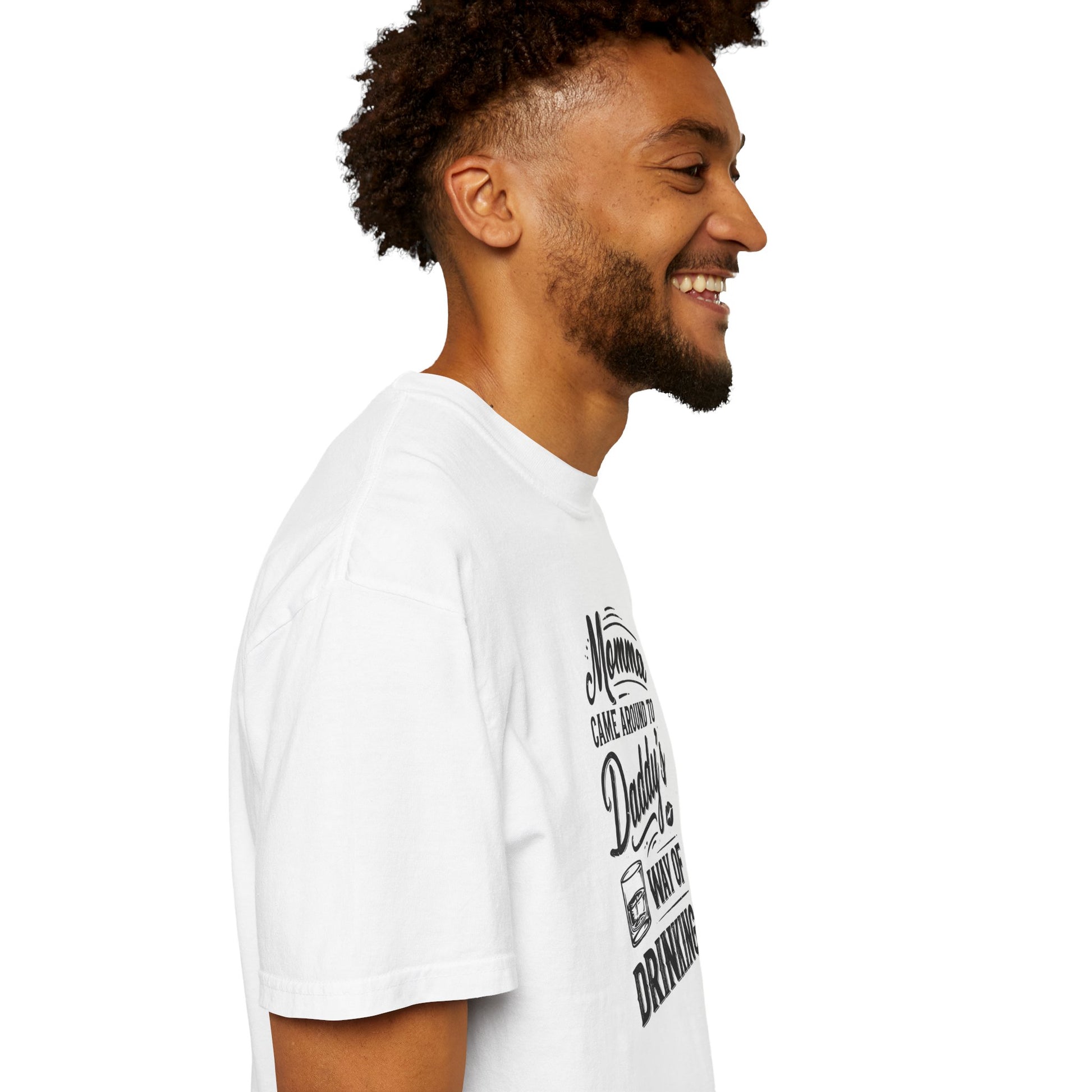 Unisex Way of Drinking T-shirt in white, featuring playful text design, model smiling, side view.