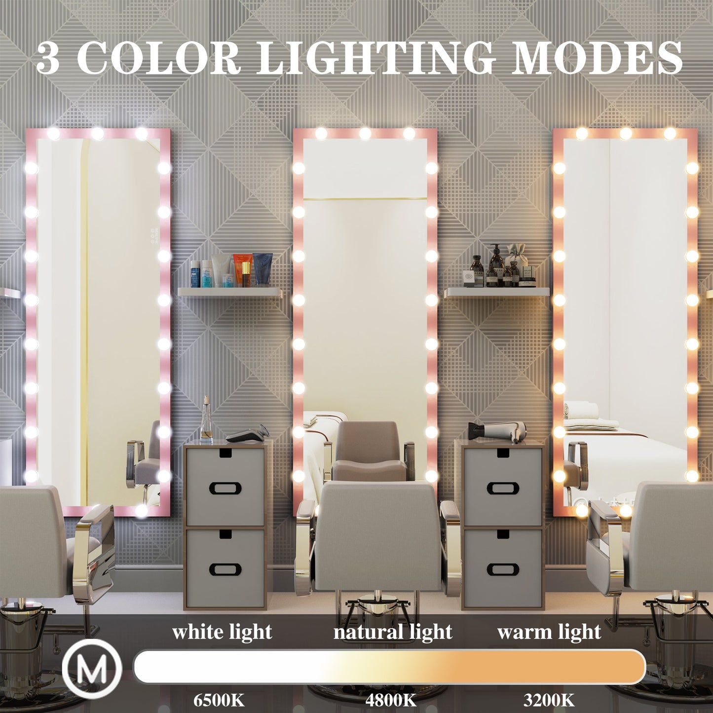 62.6-inch x 23.3-inch pink Hollywood illuminated full body vanity mirror with 3 colors