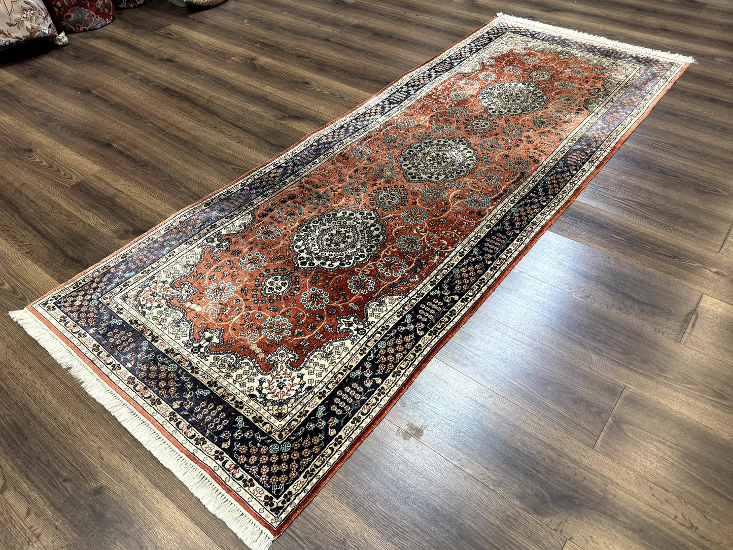 Turkish Silk Runner Rug 3x8, Short Runner Rug, Red, Floral Medallions