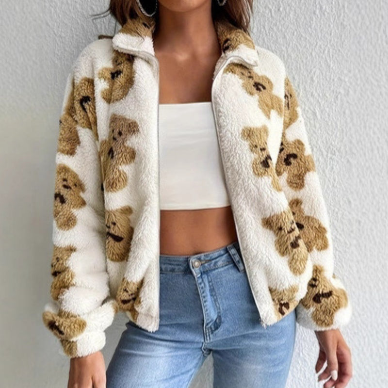 Bear Printed Furry Fleece-lined Warm and Loose Coat