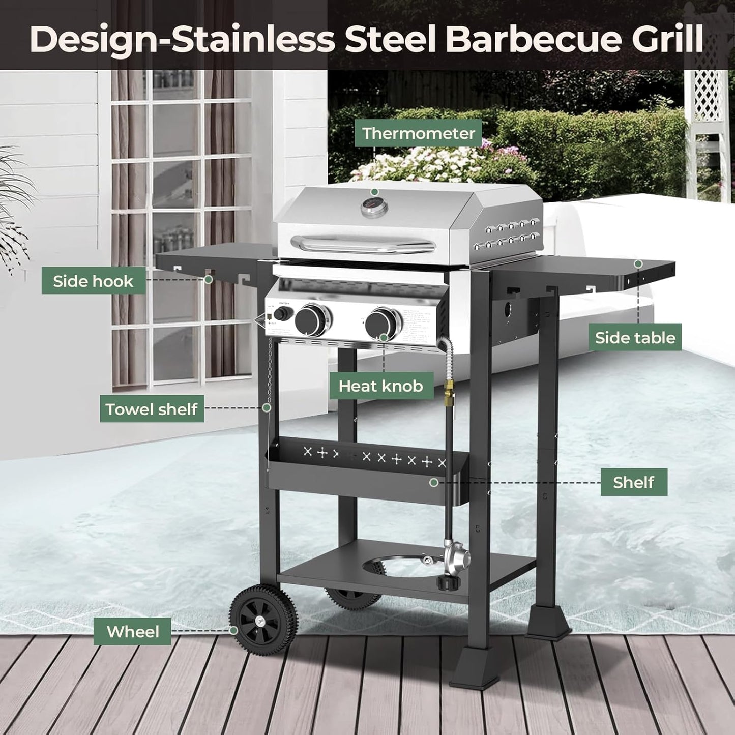 2-Burner Stainless Steel Propane Grill, 16,000 BTU Portable Gas BBQ with Electronic Ignition