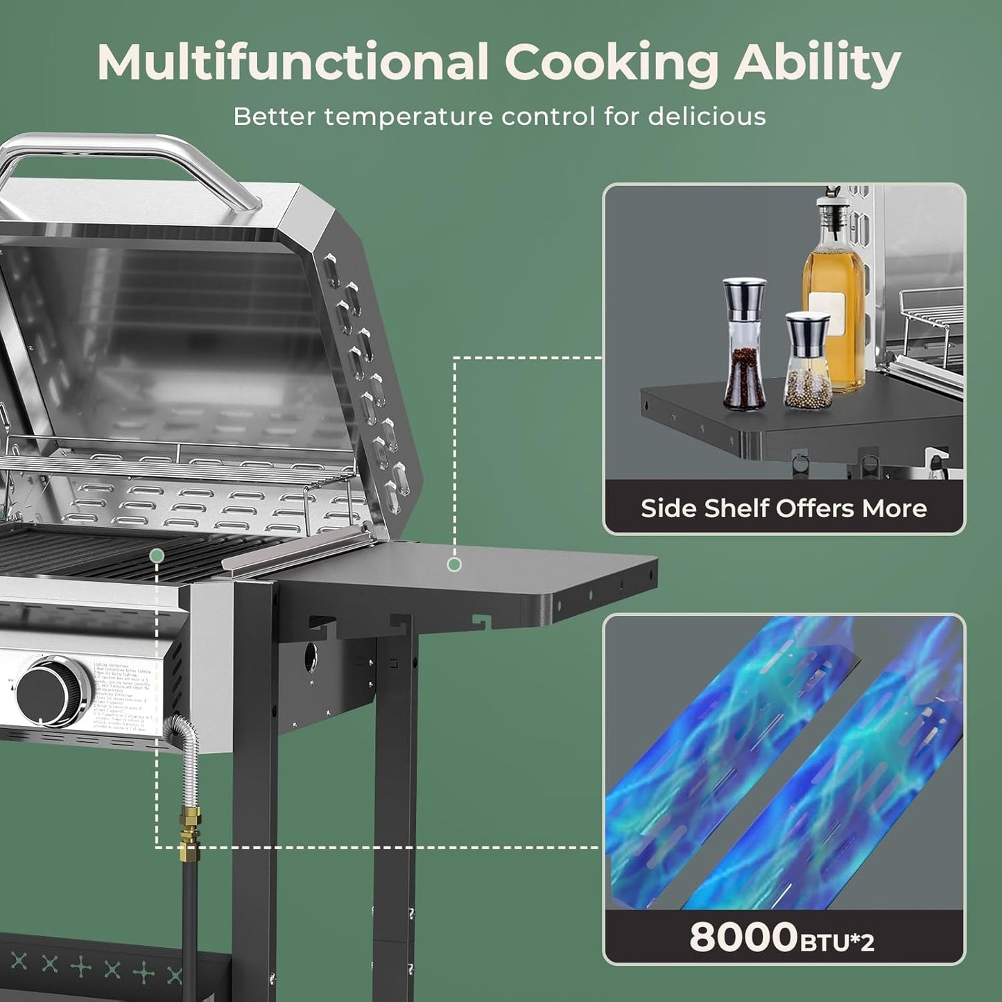 2-Burner Stainless Steel Propane Grill, 16,000 BTU Portable Gas BBQ with Electronic Ignition