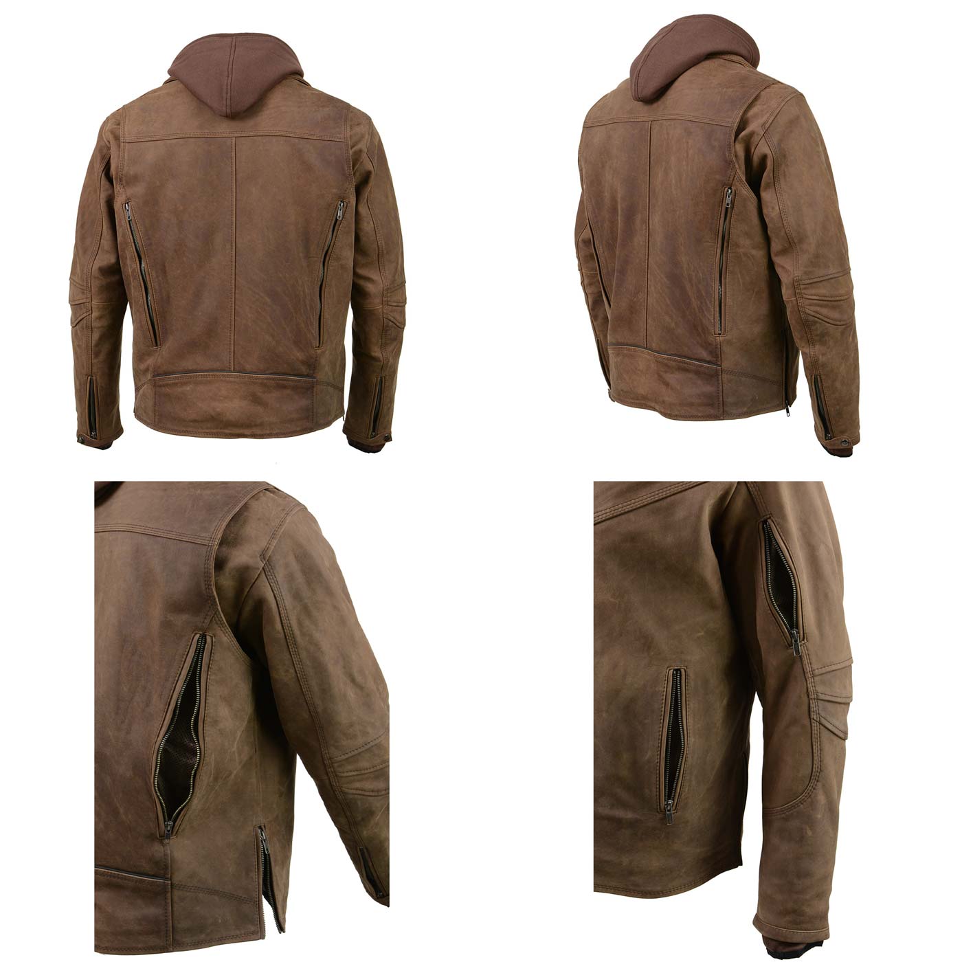 Men's Vintage Crazy Horse Brown Leather Jacket w/ Hoodie
