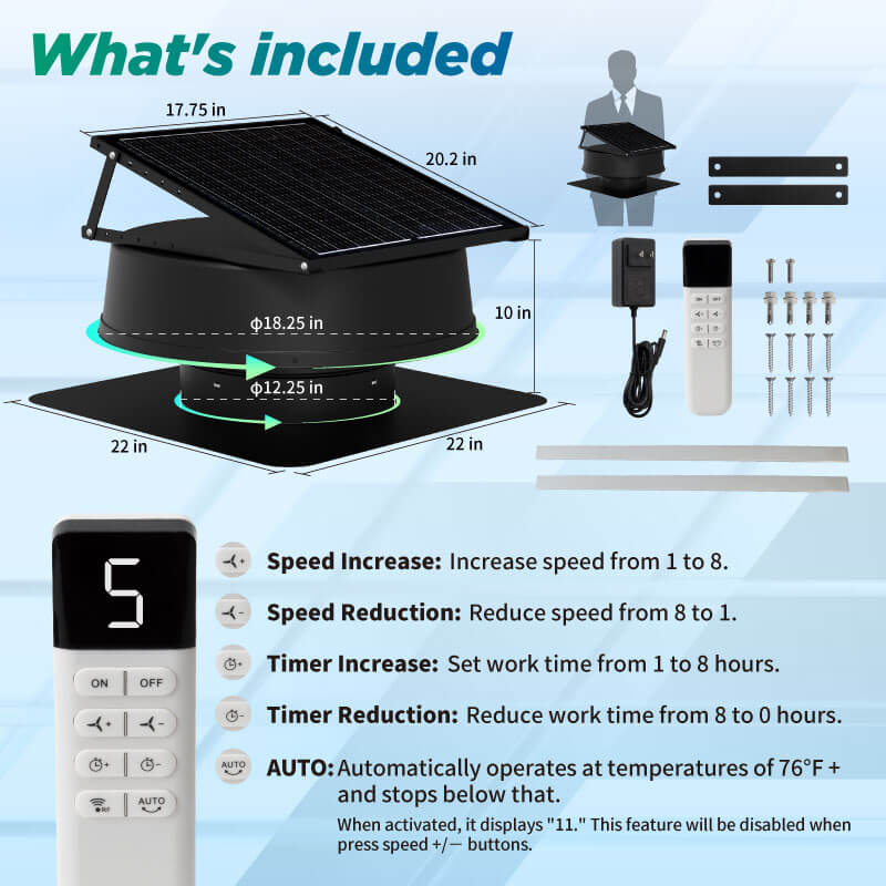 42W 12" Solar Attic Fan with Smart Power Adapter+Remote