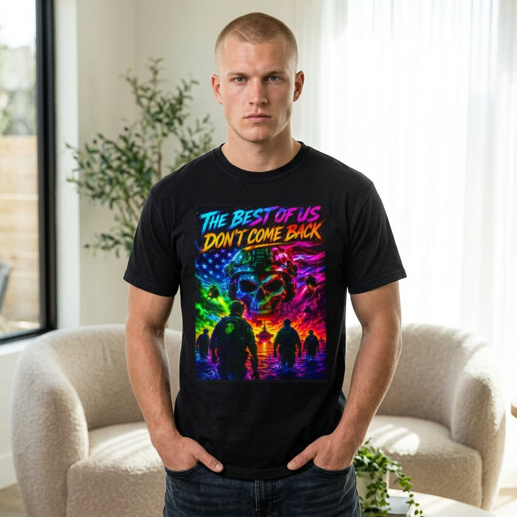 Vintage Garment-Dyed T-Shirt #16 features a colorful skull graphic with the text "The Best of Us Don't Come Back" on a black 