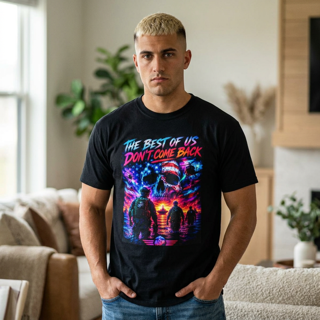 Vintage Garment-Dyed T-Shirt #18 featuring a colorful graphic design with a beach scene and text, worn by a model indoors.