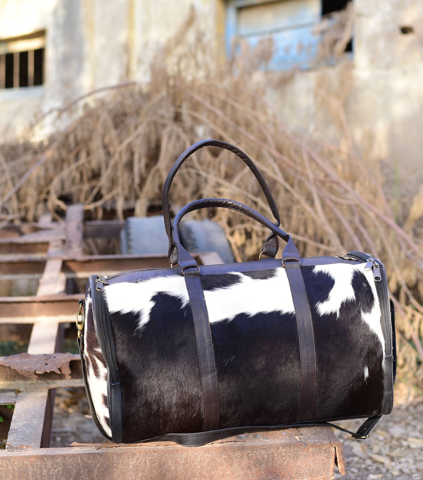 Black and White Overnight Bag, Cow Hide Pony Skin Design
