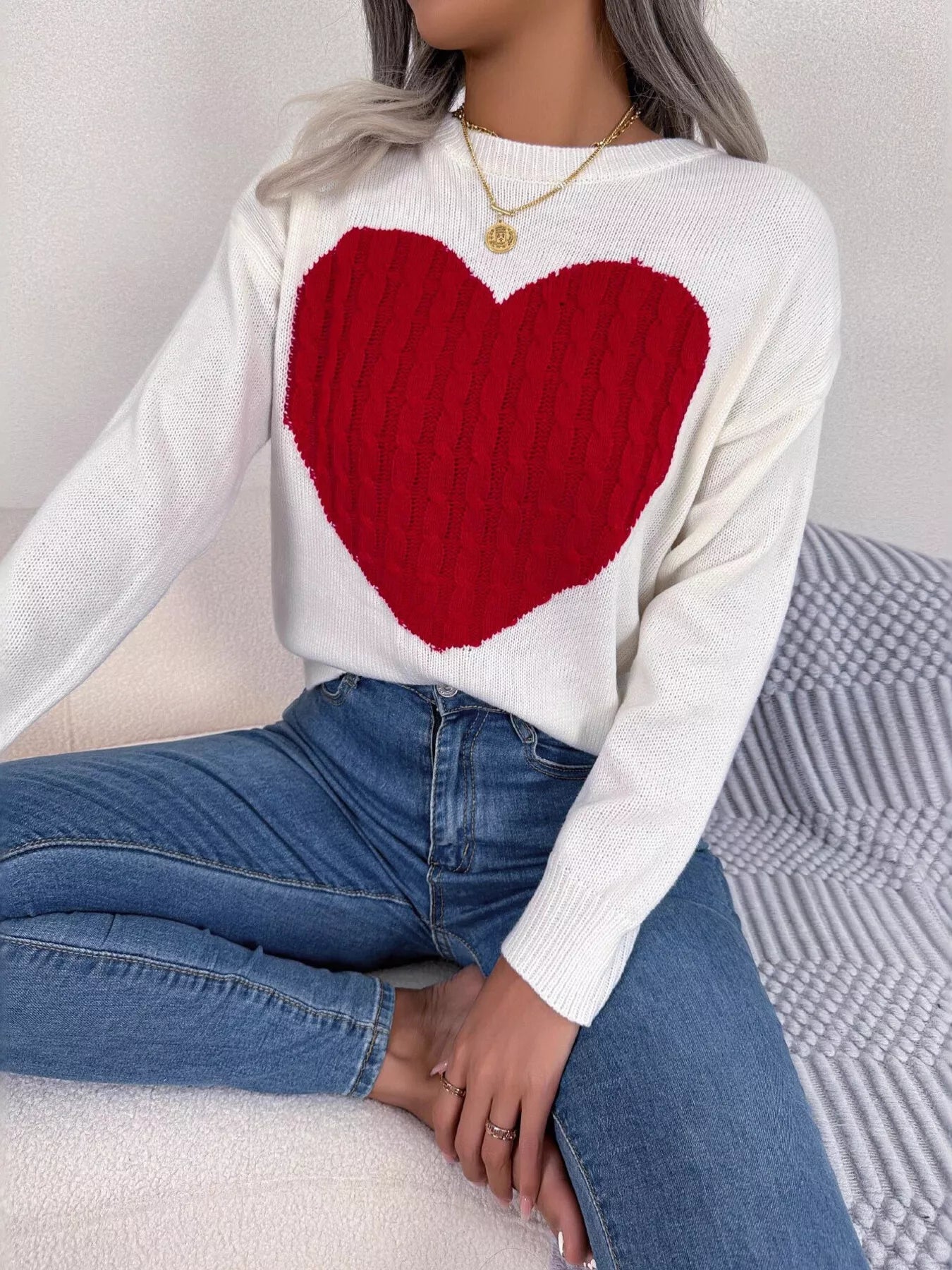Cable Knit Heart Round Neck Sweater