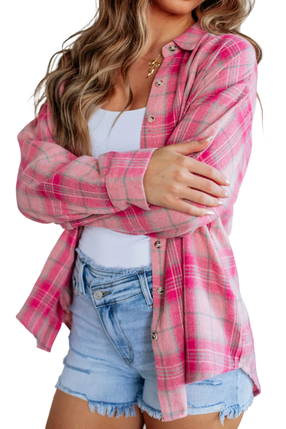 Sachet Pink Plaid Rounded Hem Long Sleeve Shirt Casual