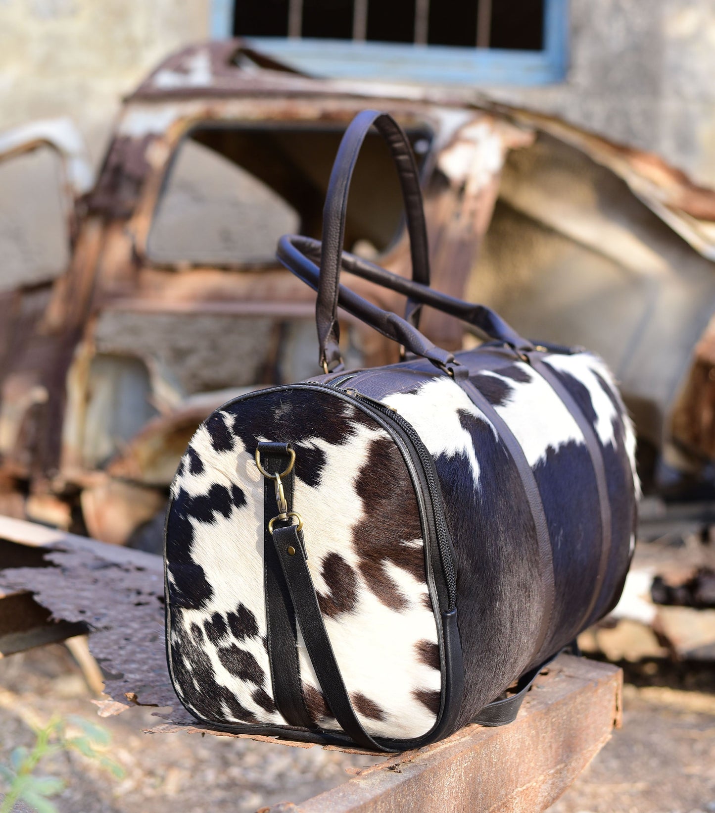 Black and White Overnight Bag, Cow Hide Pony Skin Design