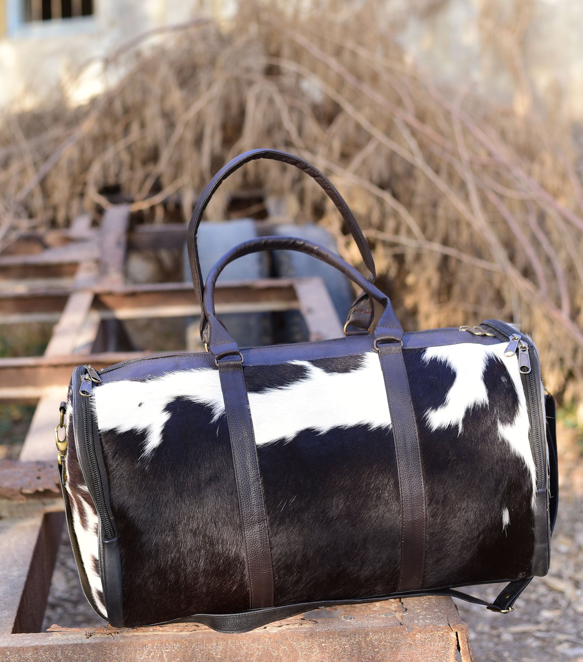 Black and White Overnight Bag, Cow Hide Pony Skin Design