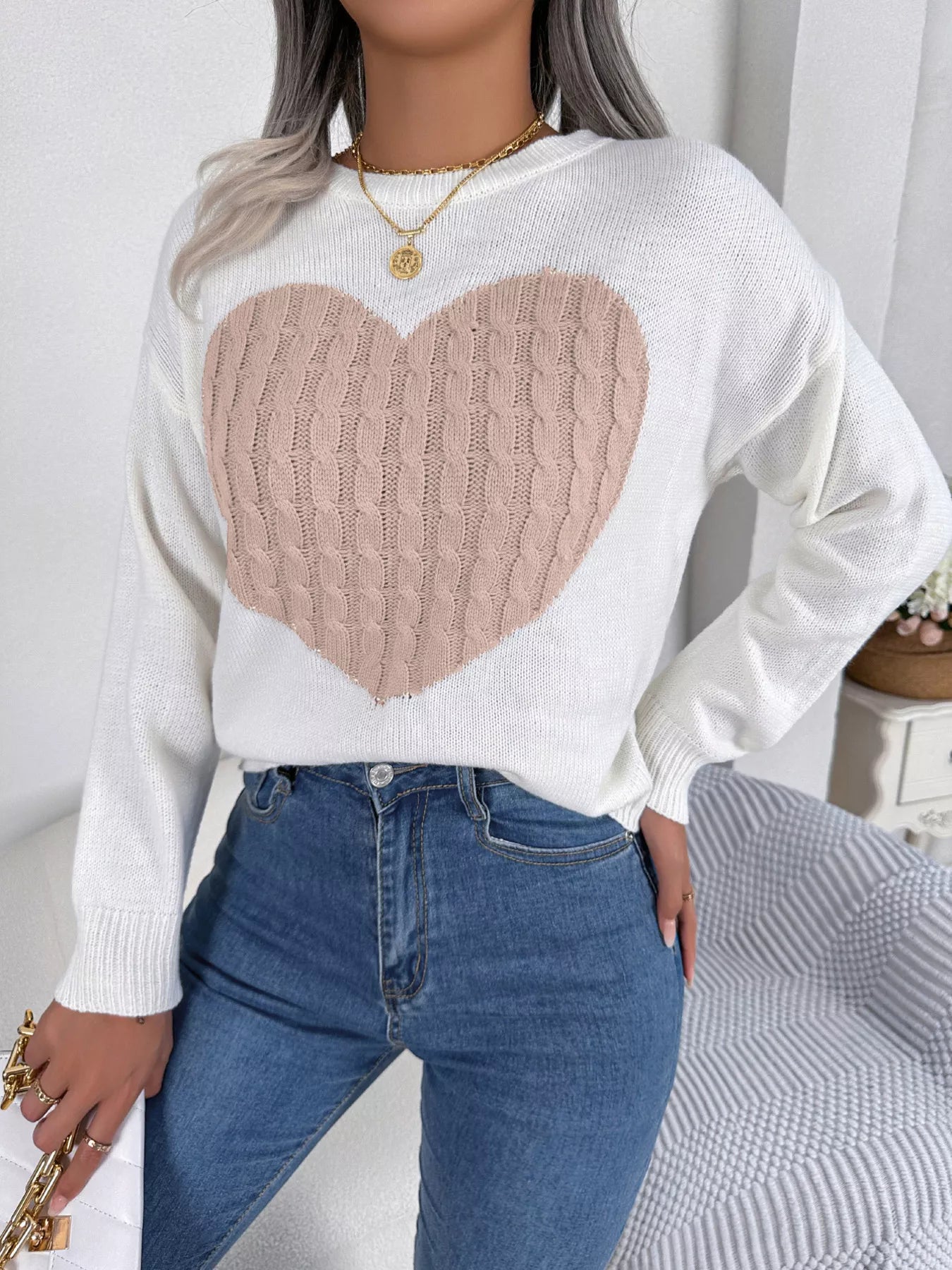 Cable Knit Heart Round Neck Sweater