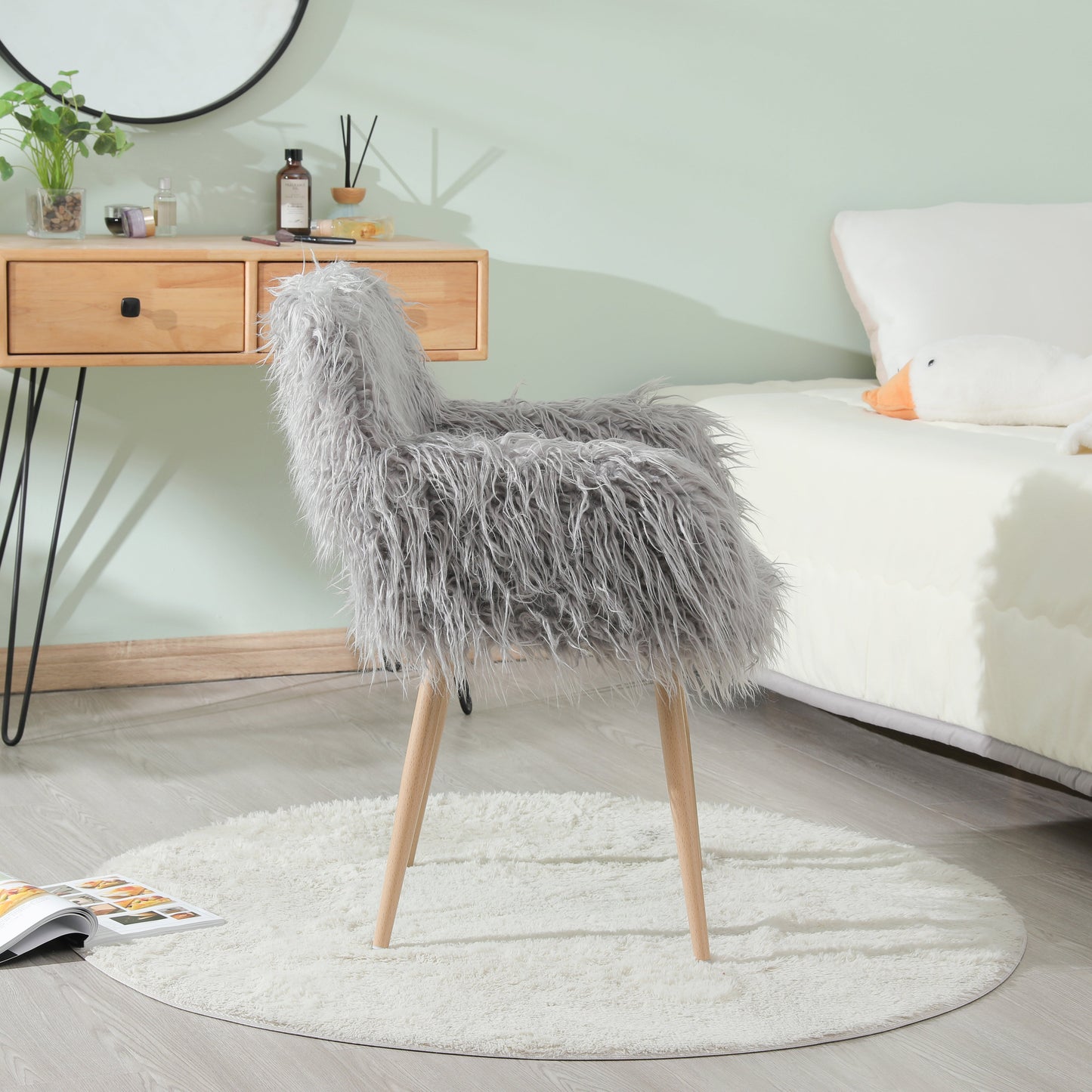 GREY Faux Fur Upholstered Make up chair Side Dining Chair with Metal Legs