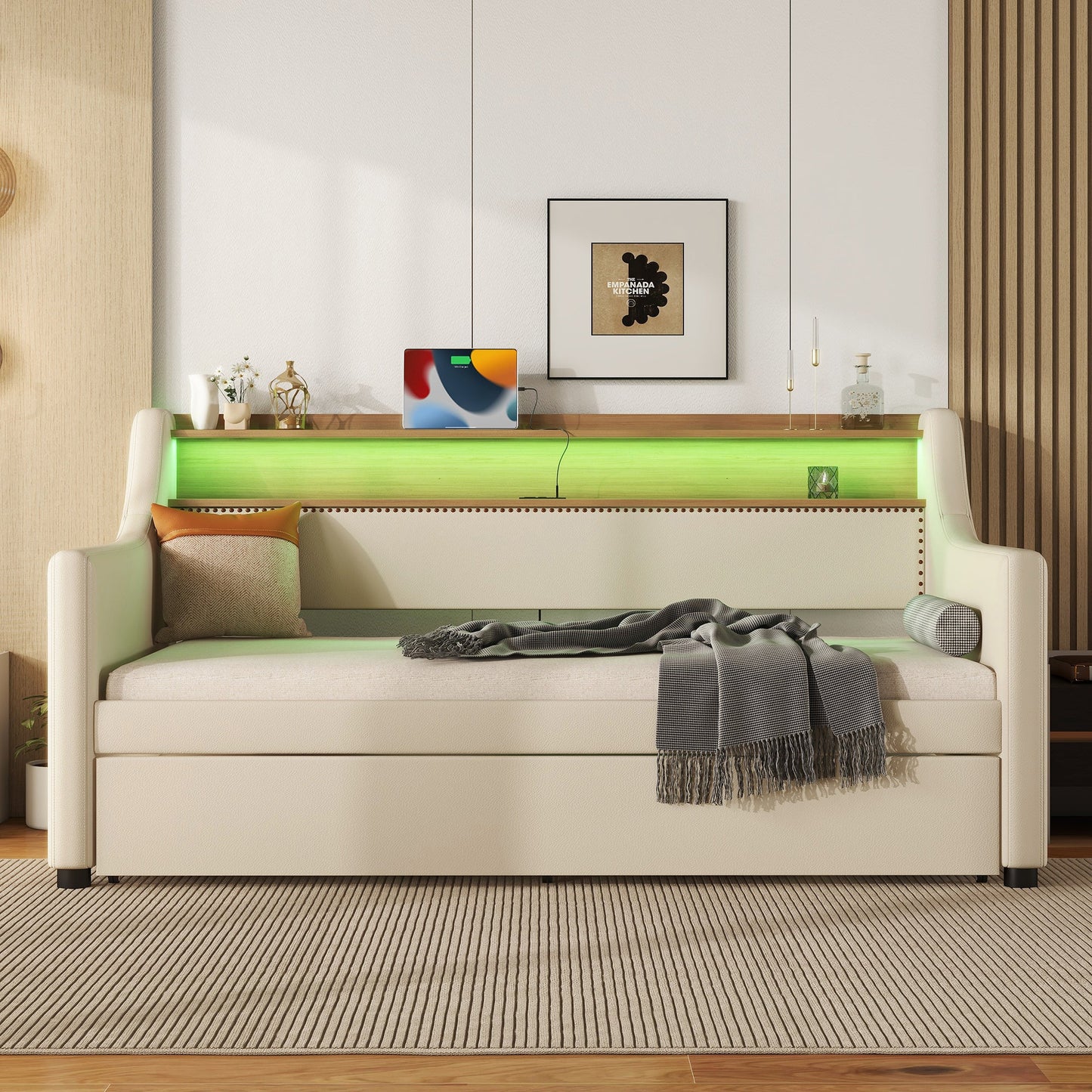 Twin Size Daybed with Trundle, Upholstered Daybed with Charging Station