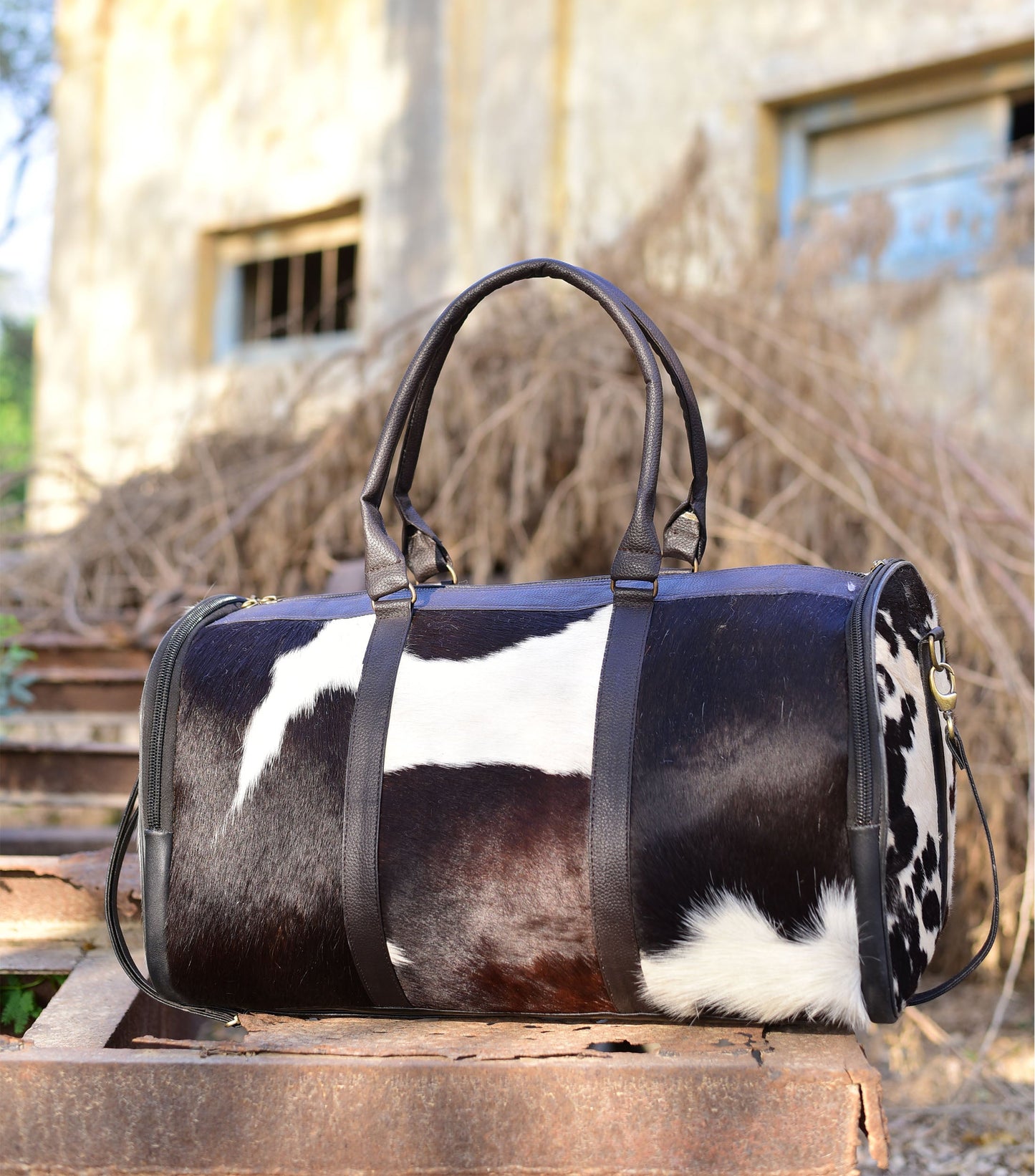 Black and White Overnight Bag, Cow Hide Pony Skin Design