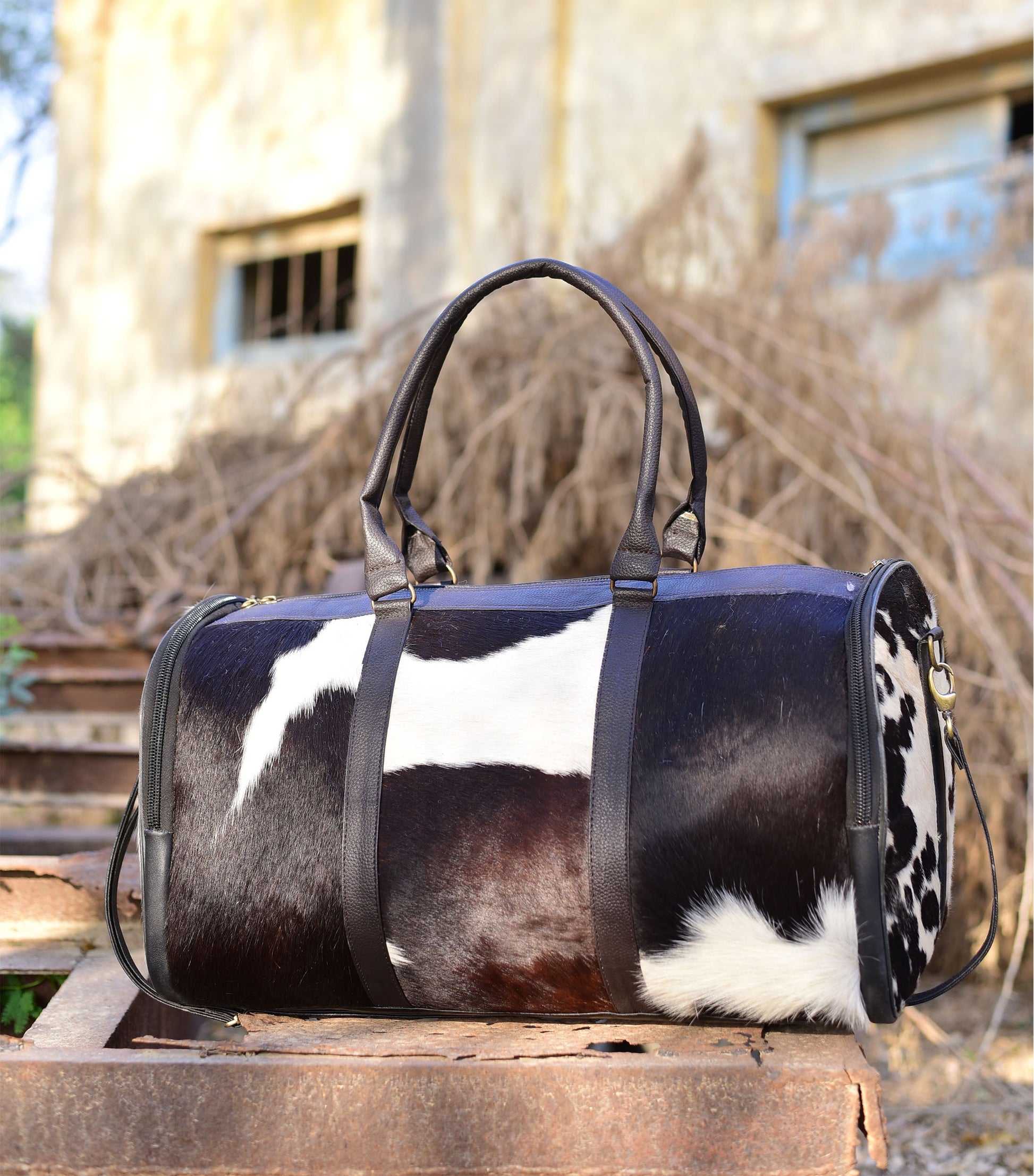 Black and White Overnight Bag, Cow Hide Pony Skin Design