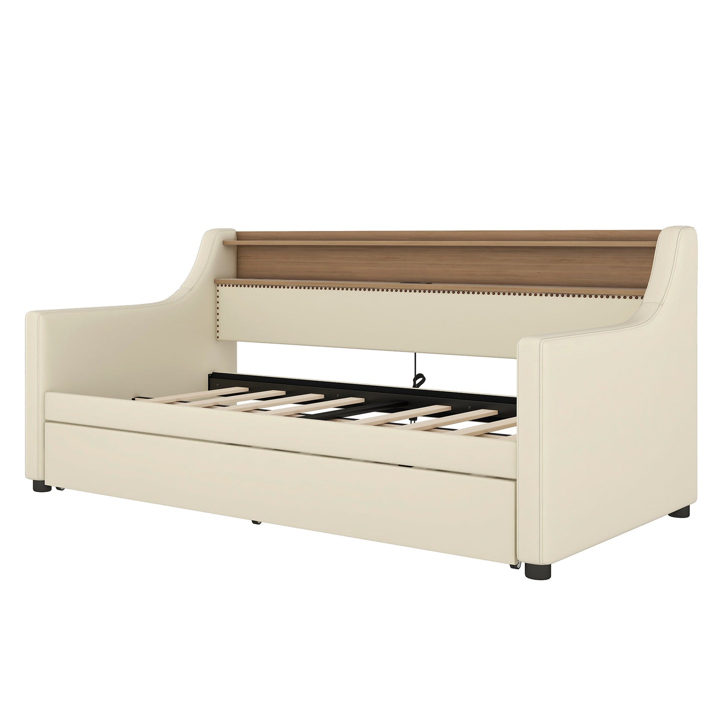 Twin Size Daybed with Trundle, Upholstered Daybed with Charging Station