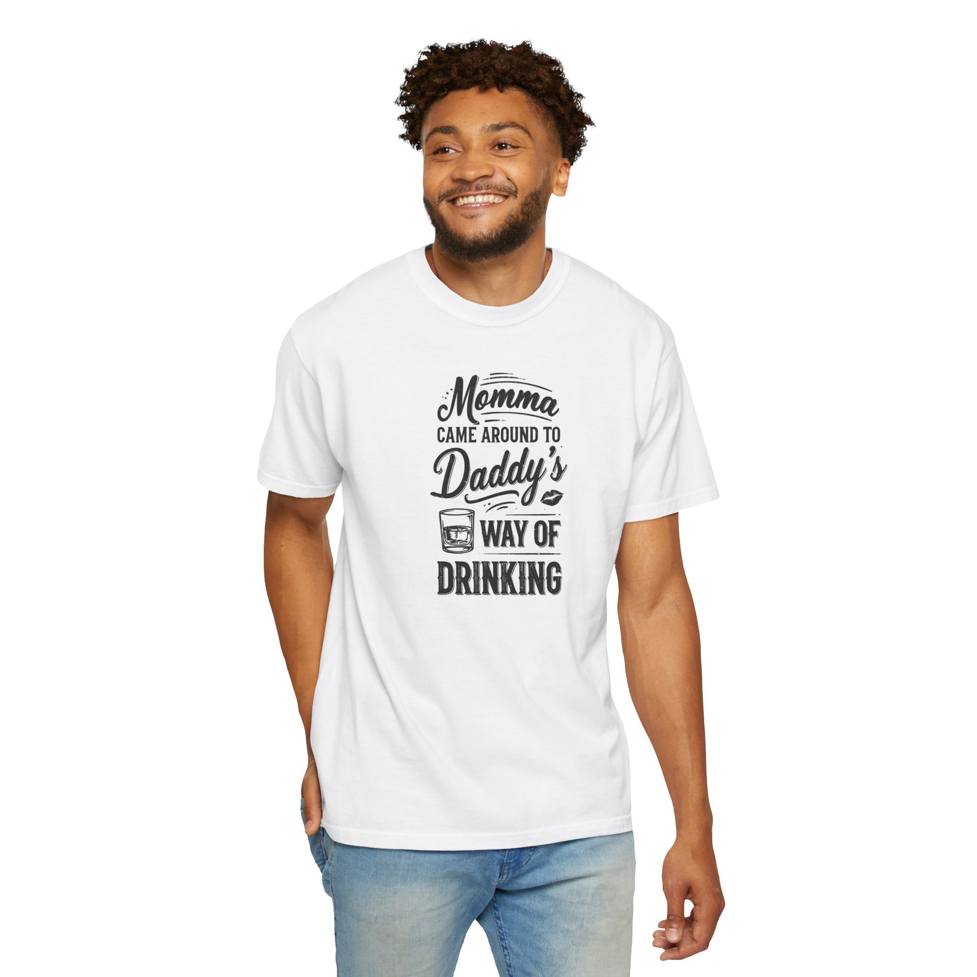 Unisex Way of Drinking T-shirt in white, featuring a playful graphic text design about drinking, worn by a smiling man.
