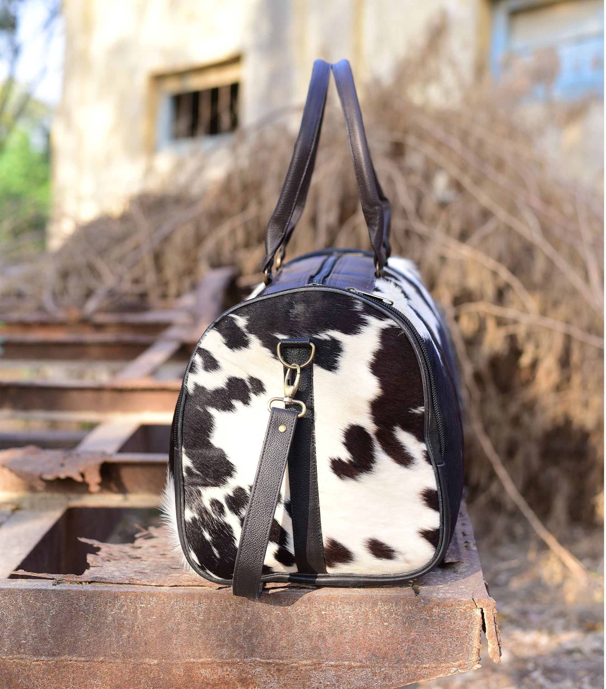 Black and White Overnight Bag, Cow Hide Pony Skin Design