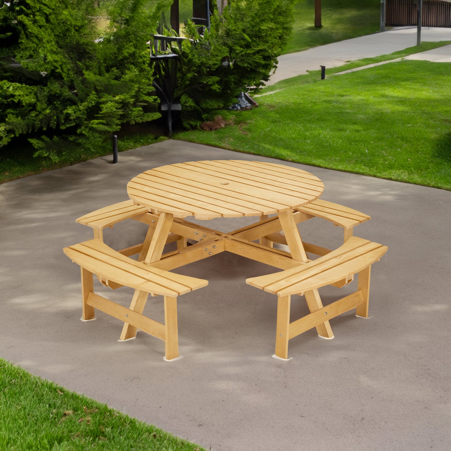 Outdoor picnic table for 8 people, circular picnic table for 8 people