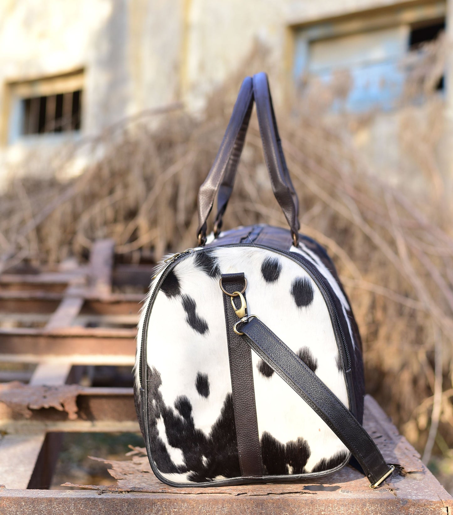 Black and White Overnight Bag, Cow Hide Pony Skin Design