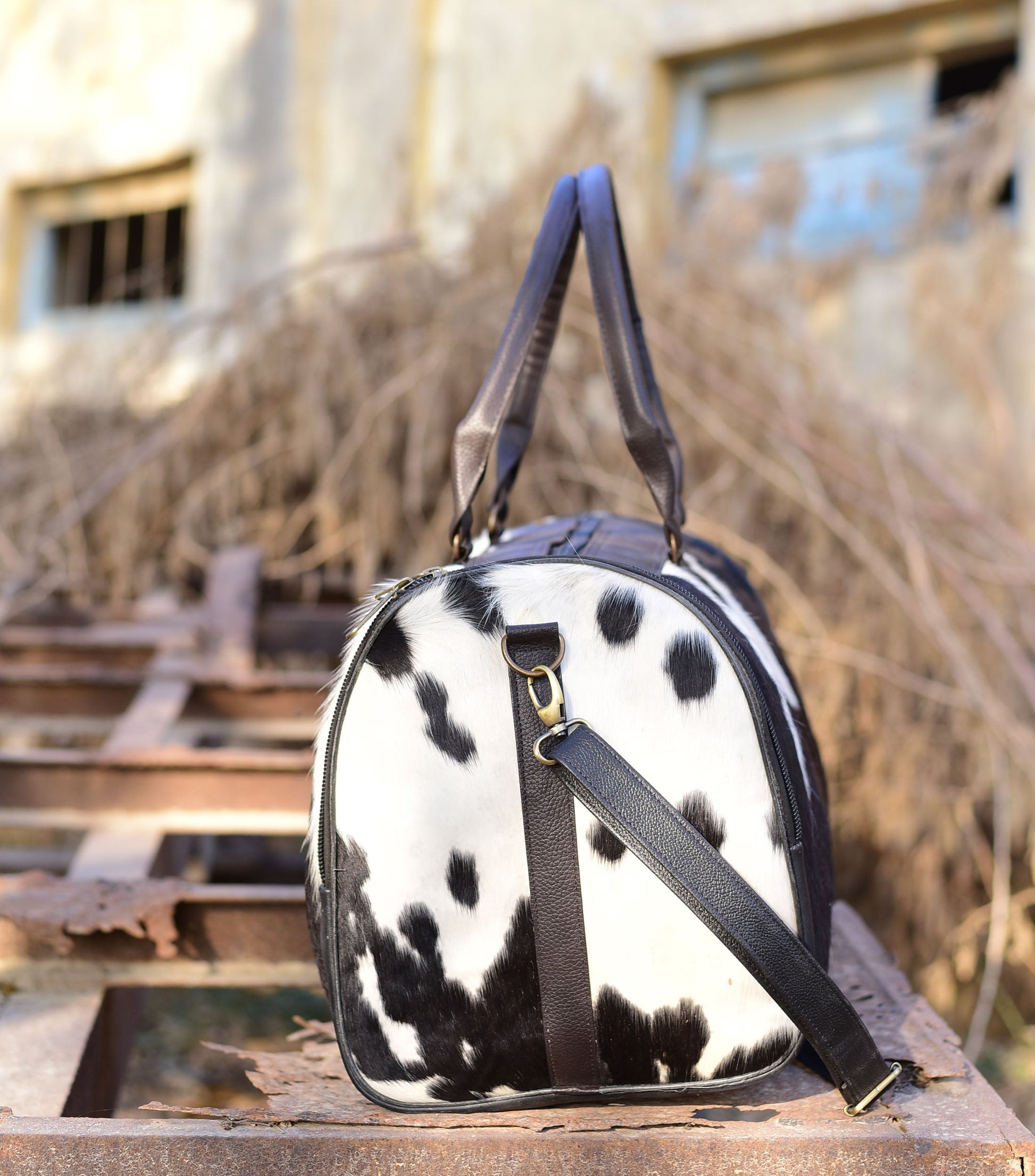 Black and White Overnight Bag, Cow Hide Pony Skin Design