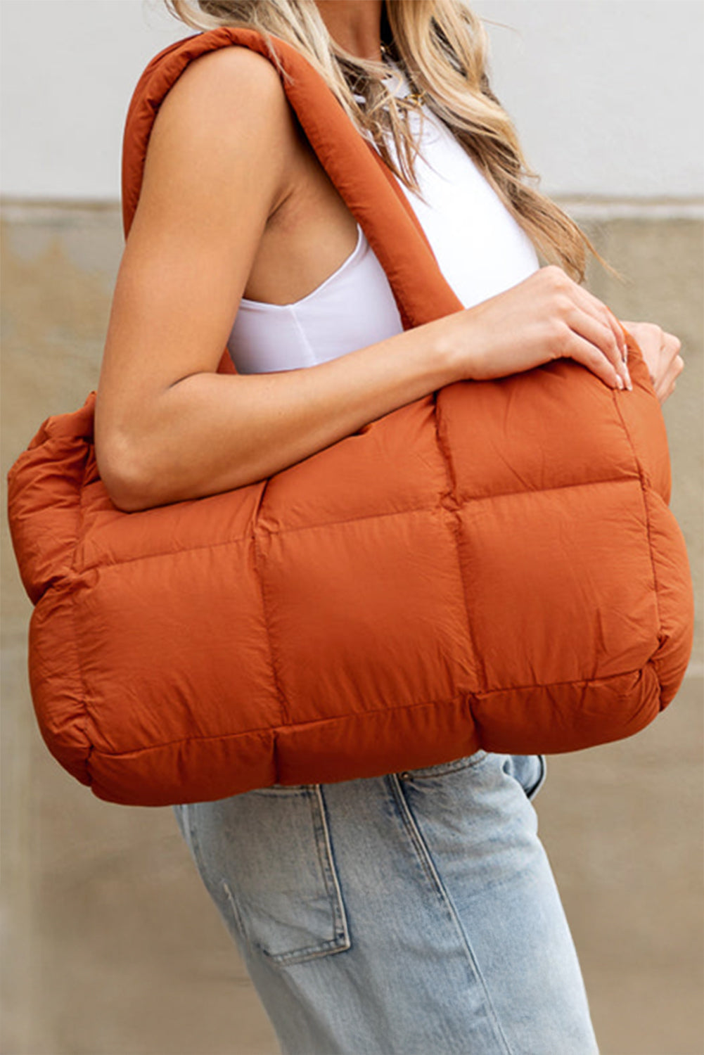 Cinnamon Solid Quilted Puffy Large Tote Bag with Zipper