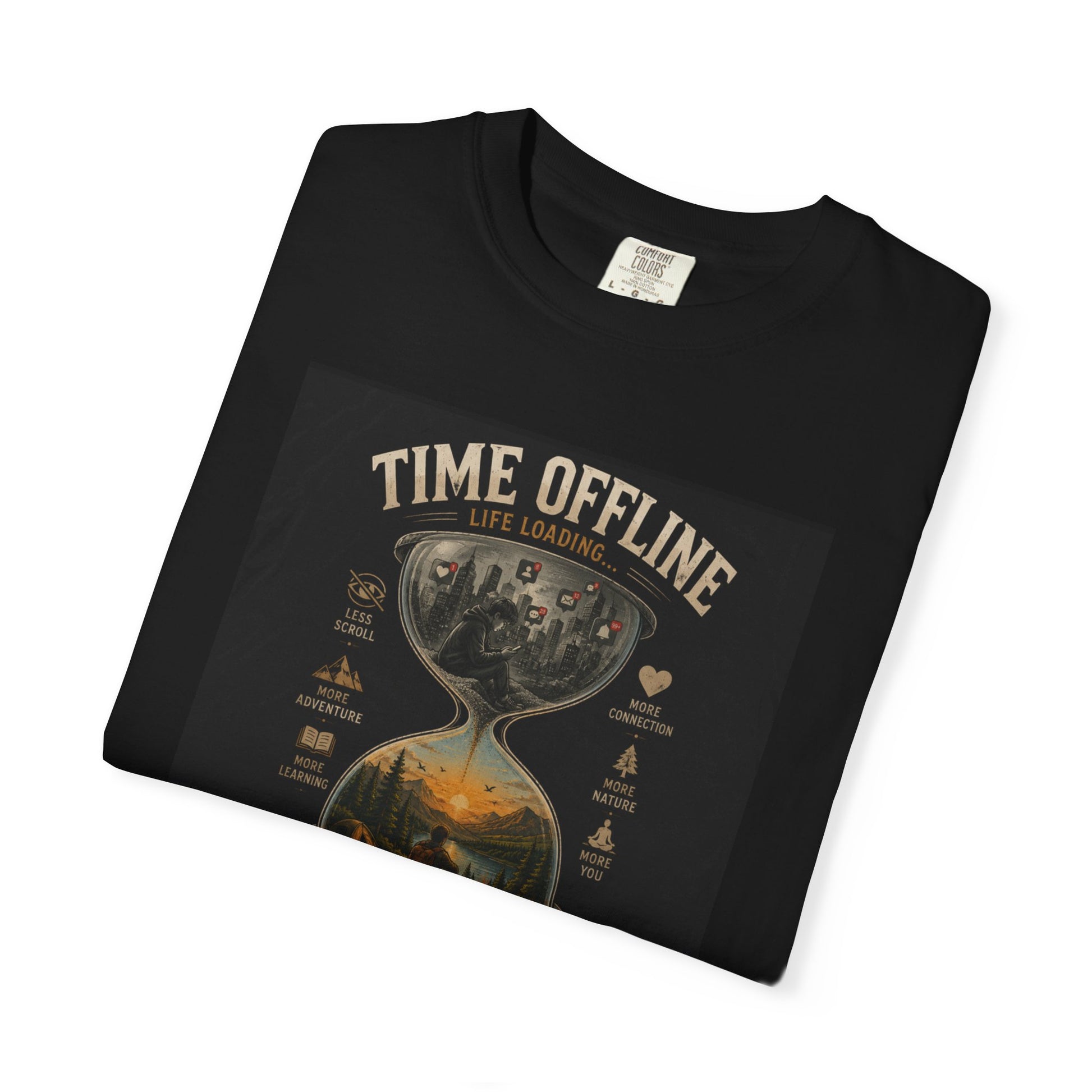 Black Time Offline T-Shirt featuring an hourglass graphic with text promoting digital detox and connection. Relaxed fit.
